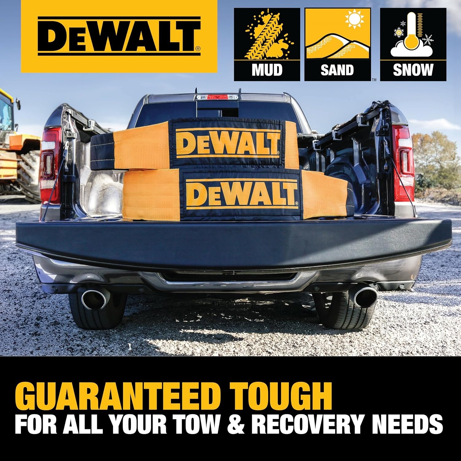 image:imageDEWALT 650150000 lbs Tow amp Recovery Strap with Reinforced Looped Ends 4Ply Weather amp WearResistant StrapOversized Wear Guards Recover SemisConstruction VehiclesMotorhomes From Tough Terrain8 x 30