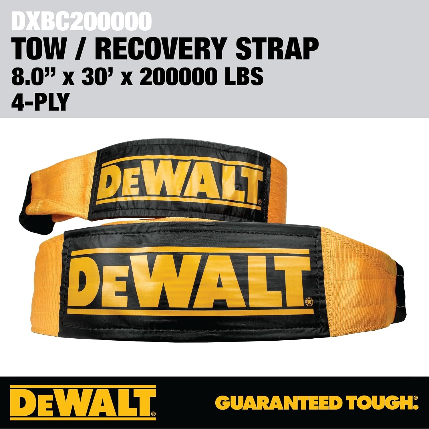 image:imageDEWALT 650150000 lbs Tow amp Recovery Strap with Reinforced Looped Ends 4Ply Weather amp WearResistant StrapOversized Wear Guards Recover SemisConstruction VehiclesMotorhomes From Tough Terrain8 x 30