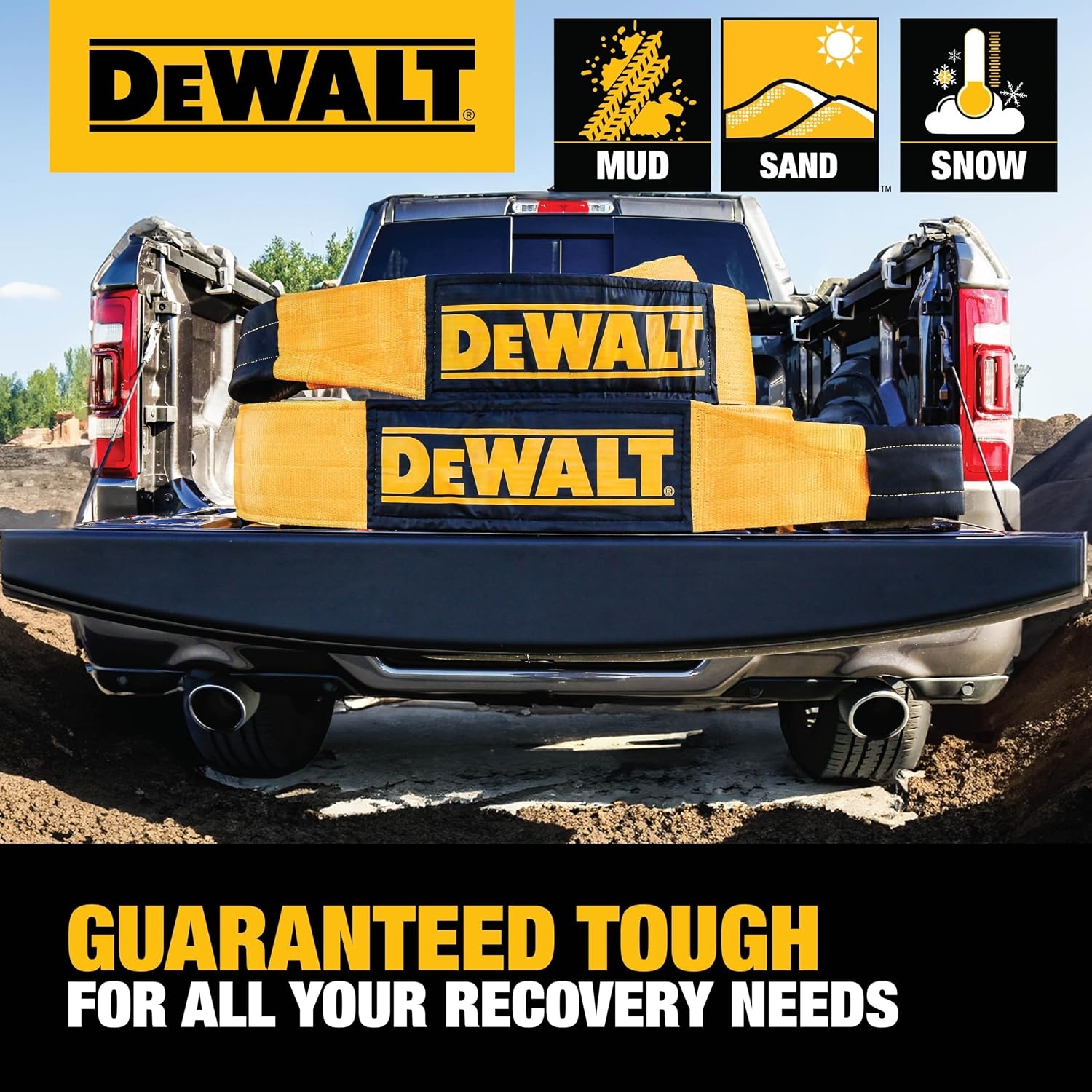 image:imageDEWALT 650150000 lbs Tow amp Recovery Strap with Reinforced Looped Ends 4Ply Weather amp WearResistant StrapOversized Wear Guards Recover SemisConstruction VehiclesMotorhomes From Tough Terrain6 x 30