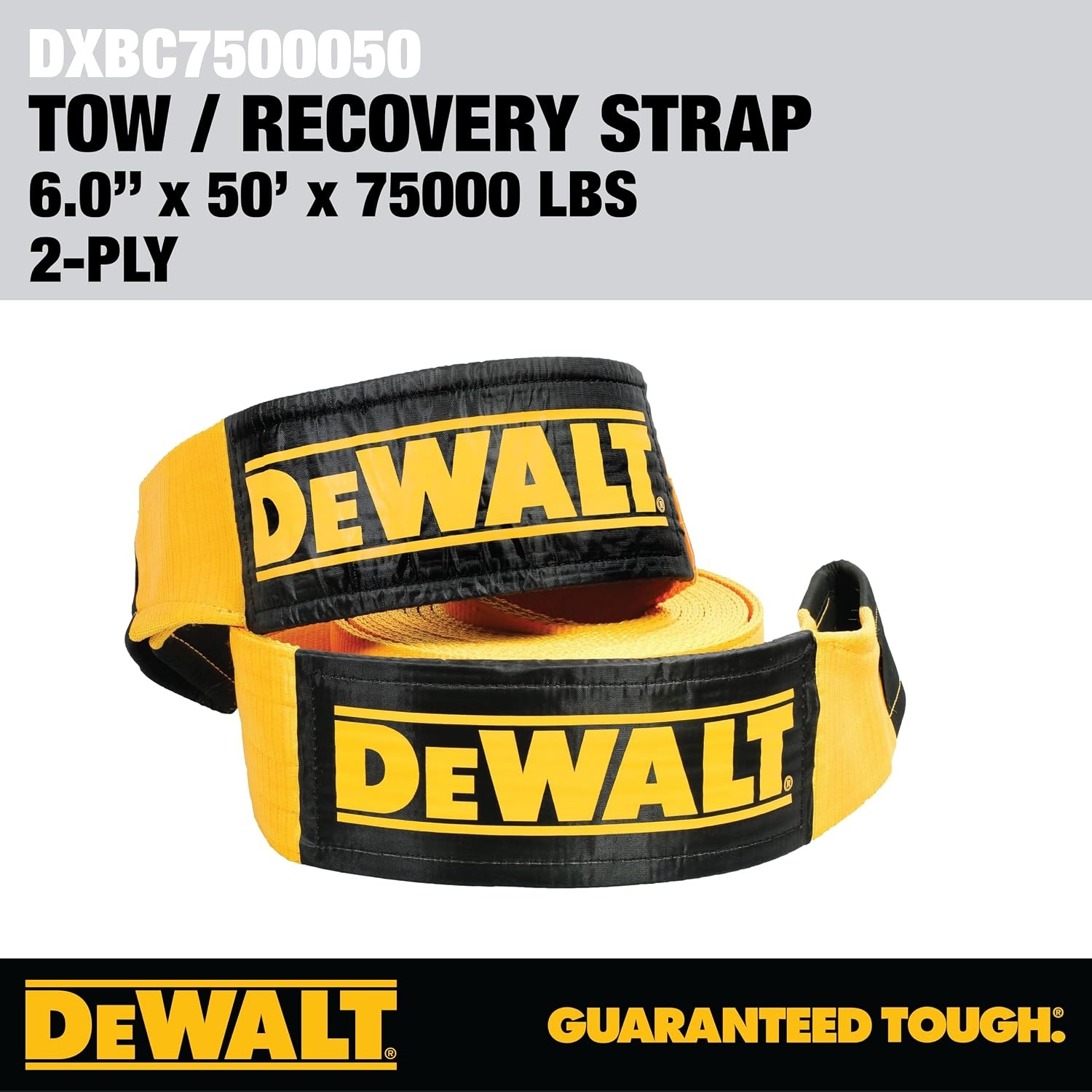 image:imageDEWALT 650150000 lbs Tow amp Recovery Strap with Reinforced Looped Ends 4Ply Weather amp WearResistant StrapOversized Wear Guards Recover SemisConstruction VehiclesMotorhomes From Tough Terrain6x 50