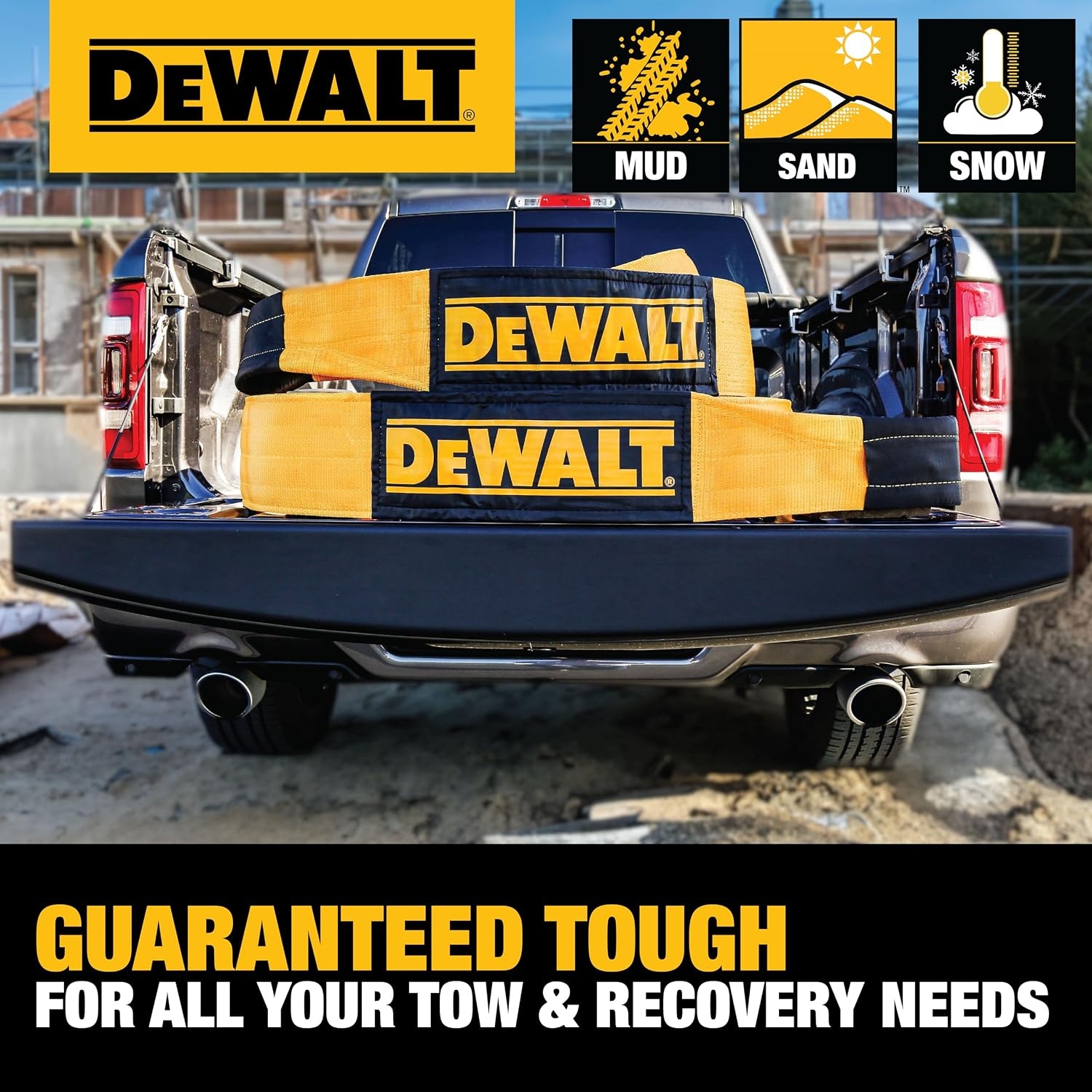 image:imageDEWALT 650150000 lbs Tow amp Recovery Strap with Reinforced Looped Ends 4Ply Weather amp WearResistant StrapOversized Wear Guards Recover SemisConstruction VehiclesMotorhomes From Tough Terrain8 x 30