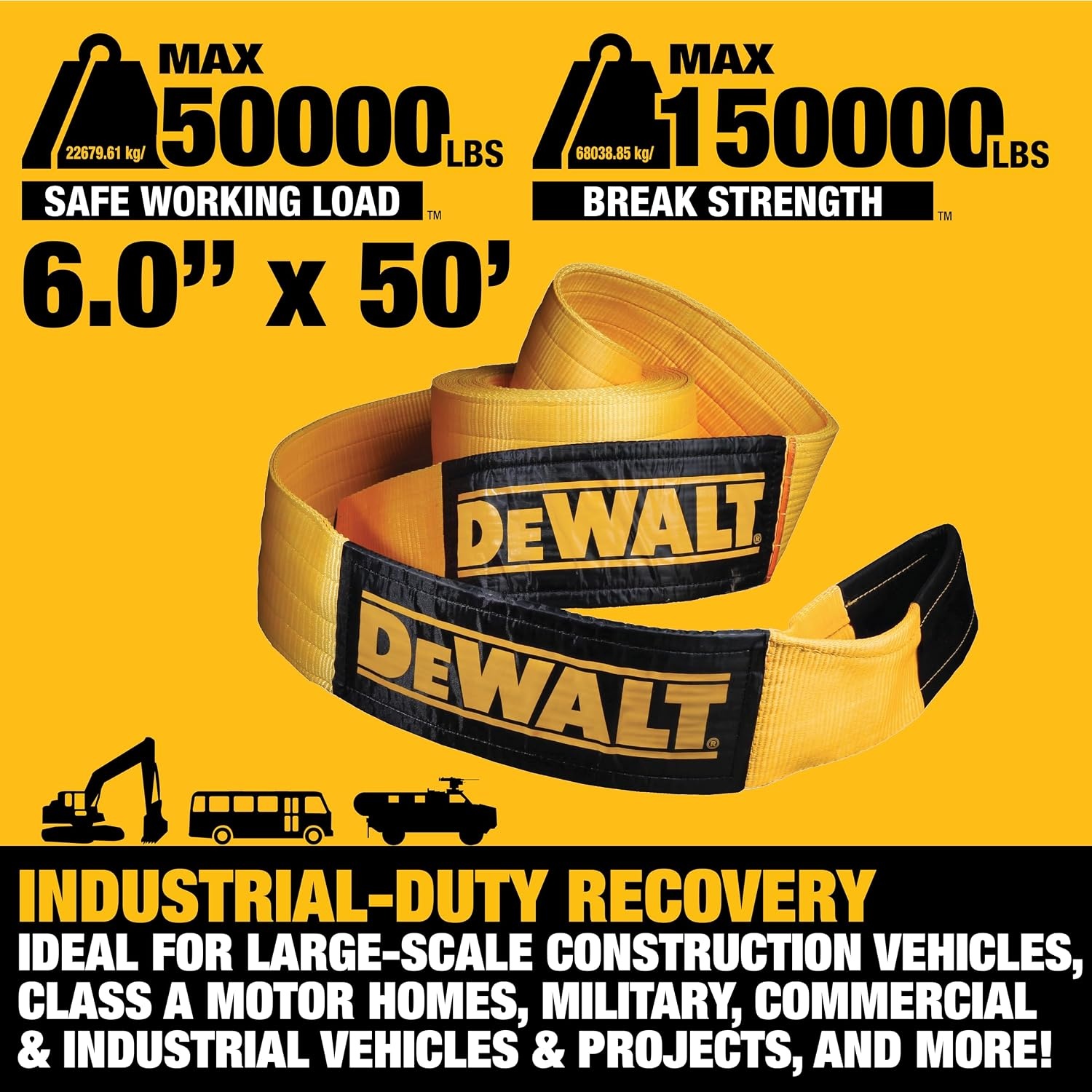 image:imageDEWALT 650150000 lbs Tow amp Recovery Strap with Reinforced Looped Ends 4Ply Weather amp WearResistant StrapOversized Wear Guards Recover SemisConstruction VehiclesMotorhomes From Tough Terrain6x 50