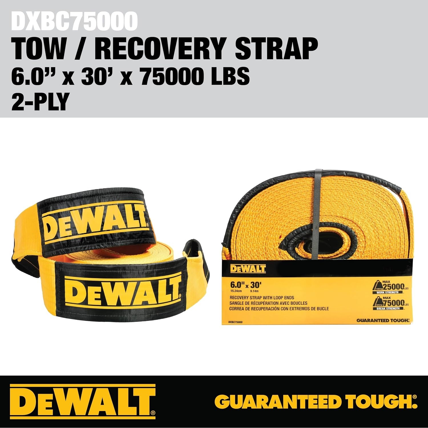 image:imageDEWALT 650150000 lbs Tow amp Recovery Strap with Reinforced Looped Ends 4Ply Weather amp WearResistant StrapOversized Wear Guards Recover SemisConstruction VehiclesMotorhomes From Tough Terrain6 x 30