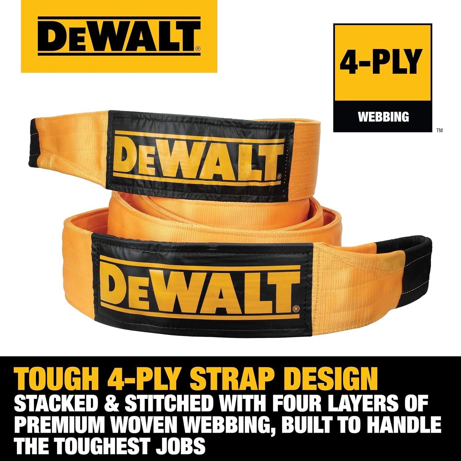 image:imageDEWALT 650150000 lbs Tow amp Recovery Strap with Reinforced Looped Ends 4Ply Weather amp WearResistant StrapOversized Wear Guards Recover SemisConstruction VehiclesMotorhomes From Tough Terrain8 x 30