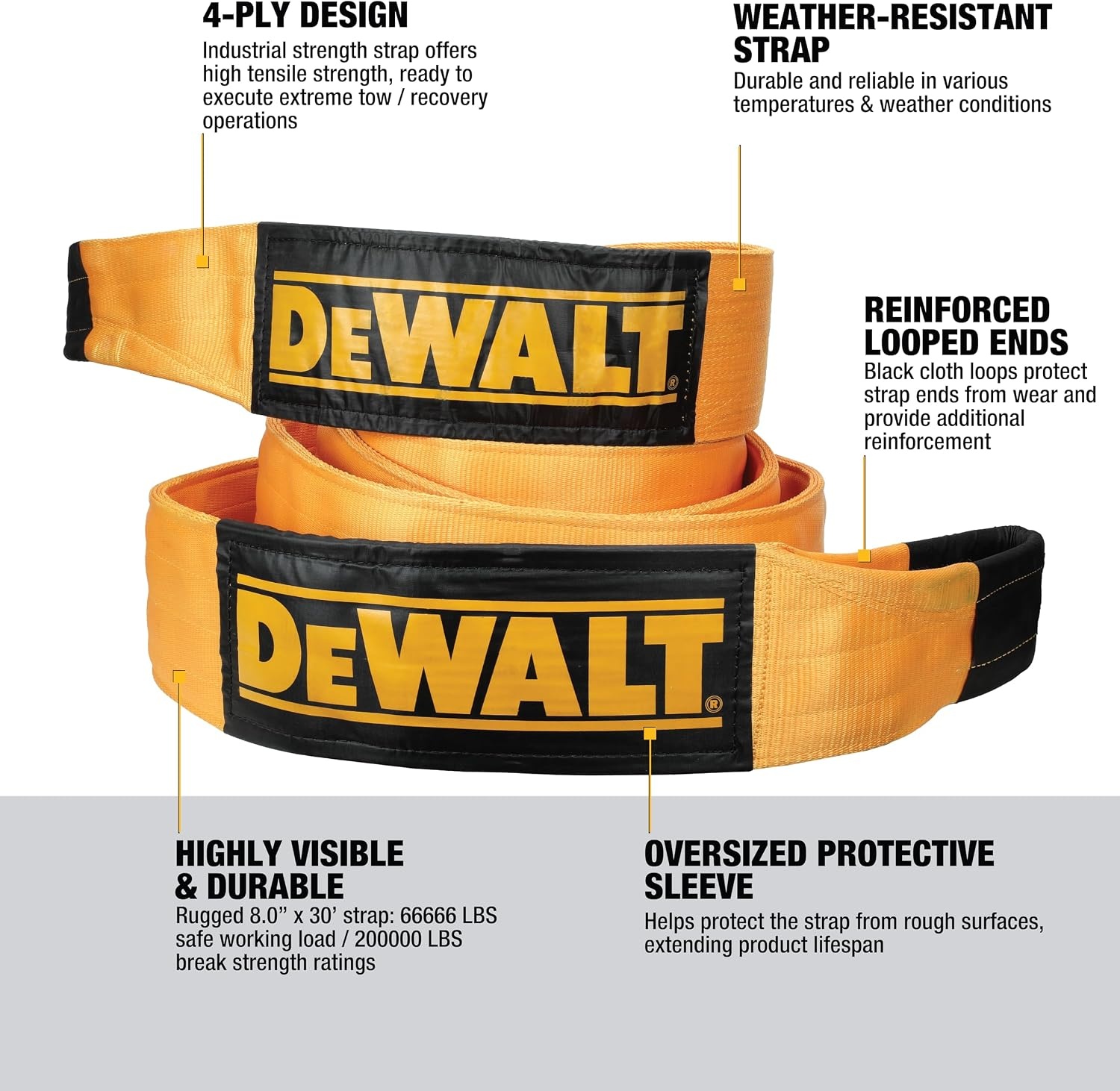 image:imageDEWALT 650150000 lbs Tow amp Recovery Strap with Reinforced Looped Ends 4Ply Weather amp WearResistant StrapOversized Wear Guards Recover SemisConstruction VehiclesMotorhomes From Tough Terrain8 x 30