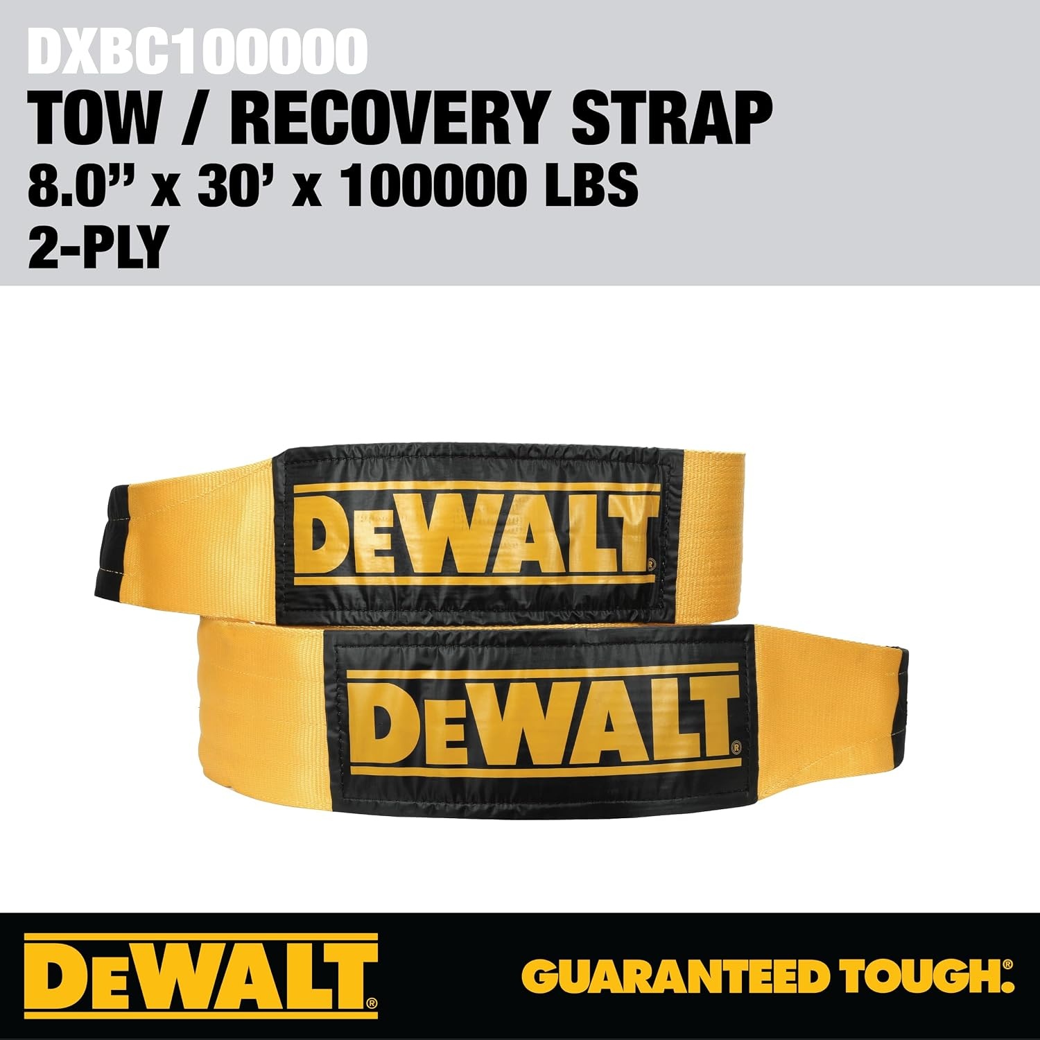 image:imageDEWALT 650150000 lbs Tow amp Recovery Strap with Reinforced Looped Ends 4Ply Weather amp WearResistant StrapOversized Wear Guards Recover SemisConstruction VehiclesMotorhomes From Tough Terrain8 x 30