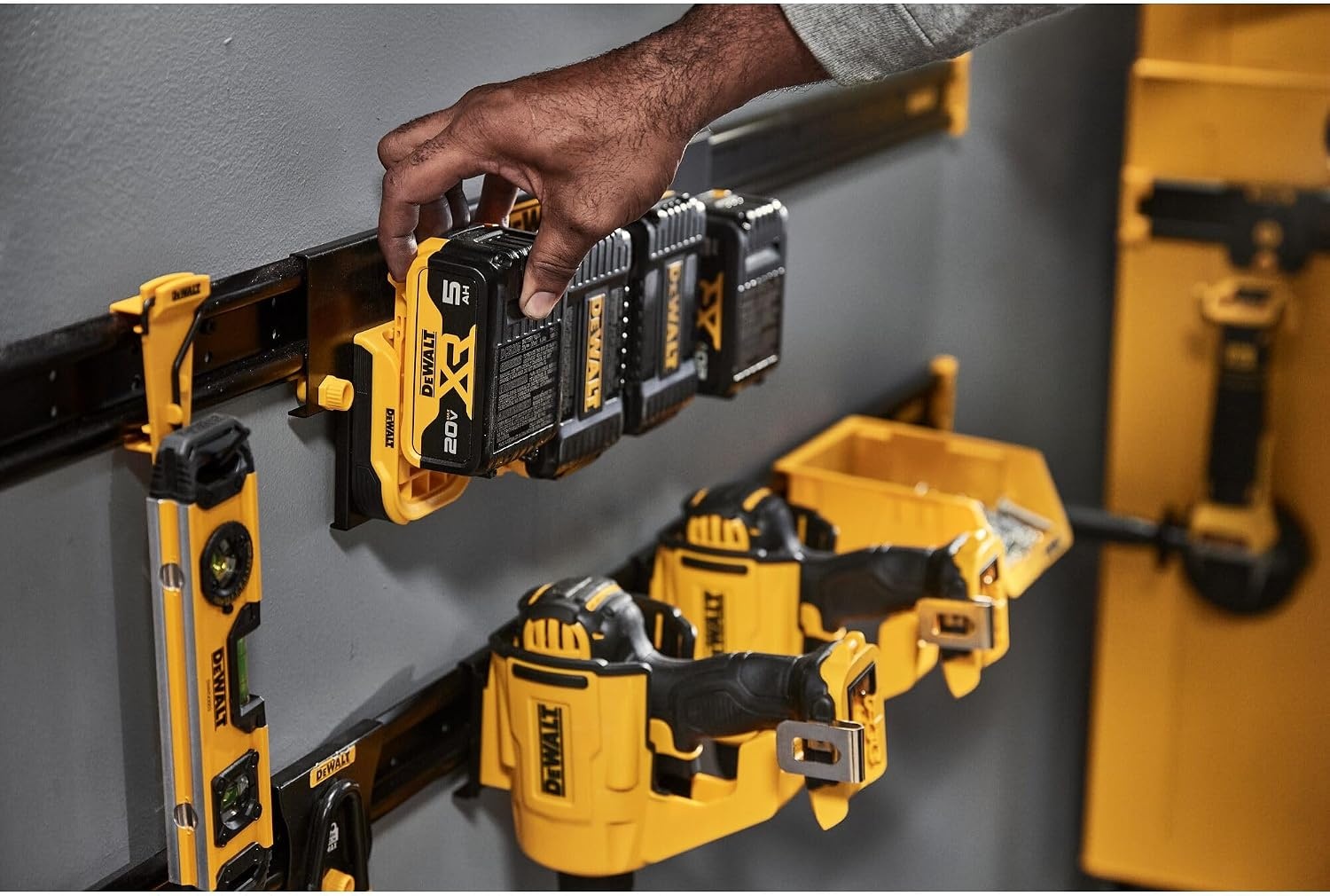 image:imageDEWALT Battery Organizer Holds up to 4 Batteries Mount Rail Workshop Storage System Compatible DWST82819One Size