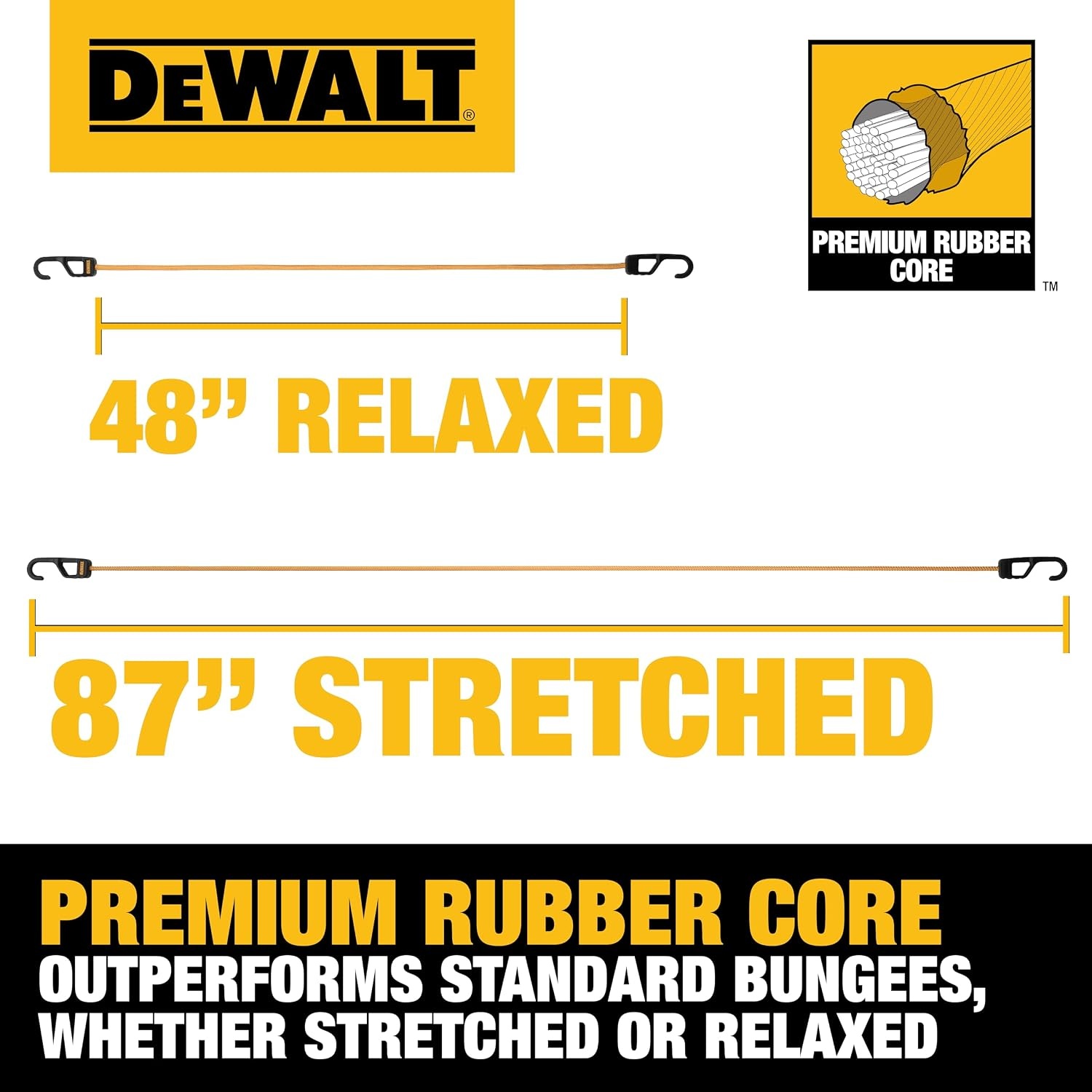 image:imageDEWALT DXBC300484 BlackYellow 48 Premium HeavyDuty Bungee Cords 4 Pack NonScratch SteelCore Hooks with QuickPull Notch amp Interlocking Grip for Stretching amp Securing Lightweight Gear amp Cargo48