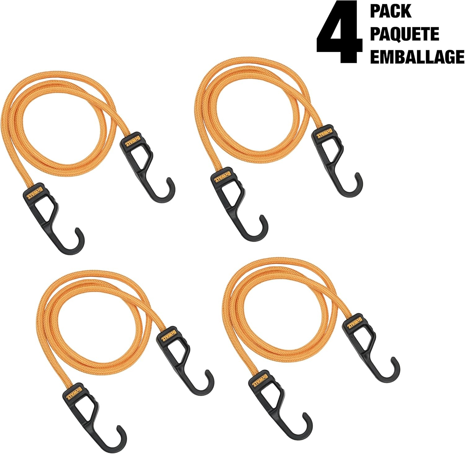 image:imageDEWALT DXBC300484 BlackYellow 48 Premium HeavyDuty Bungee Cords 4 Pack NonScratch SteelCore Hooks with QuickPull Notch amp Interlocking Grip for Stretching amp Securing Lightweight Gear amp Cargo48