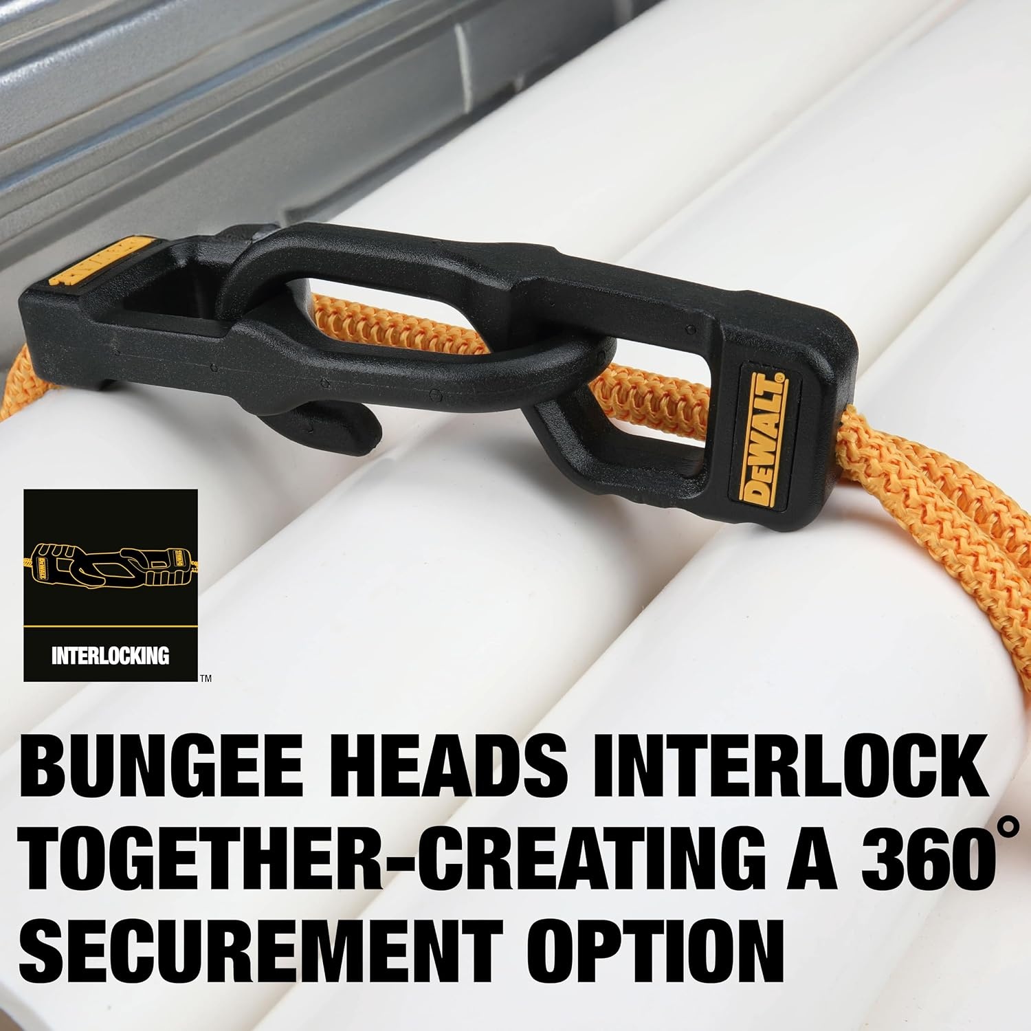 image:imageDEWALT DXBC300484 BlackYellow 48 Premium HeavyDuty Bungee Cords 4 Pack NonScratch SteelCore Hooks with QuickPull Notch amp Interlocking Grip for Stretching amp Securing Lightweight Gear amp Cargo48