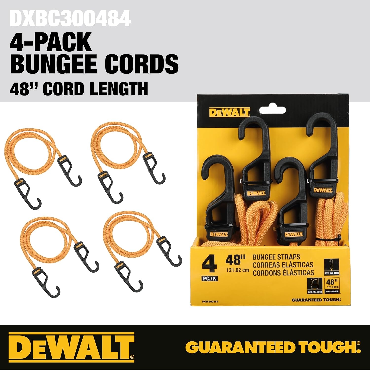image:imageDEWALT DXBC300484 BlackYellow 48 Premium HeavyDuty Bungee Cords 4 Pack NonScratch SteelCore Hooks with QuickPull Notch amp Interlocking Grip for Stretching amp Securing Lightweight Gear amp Cargo48
