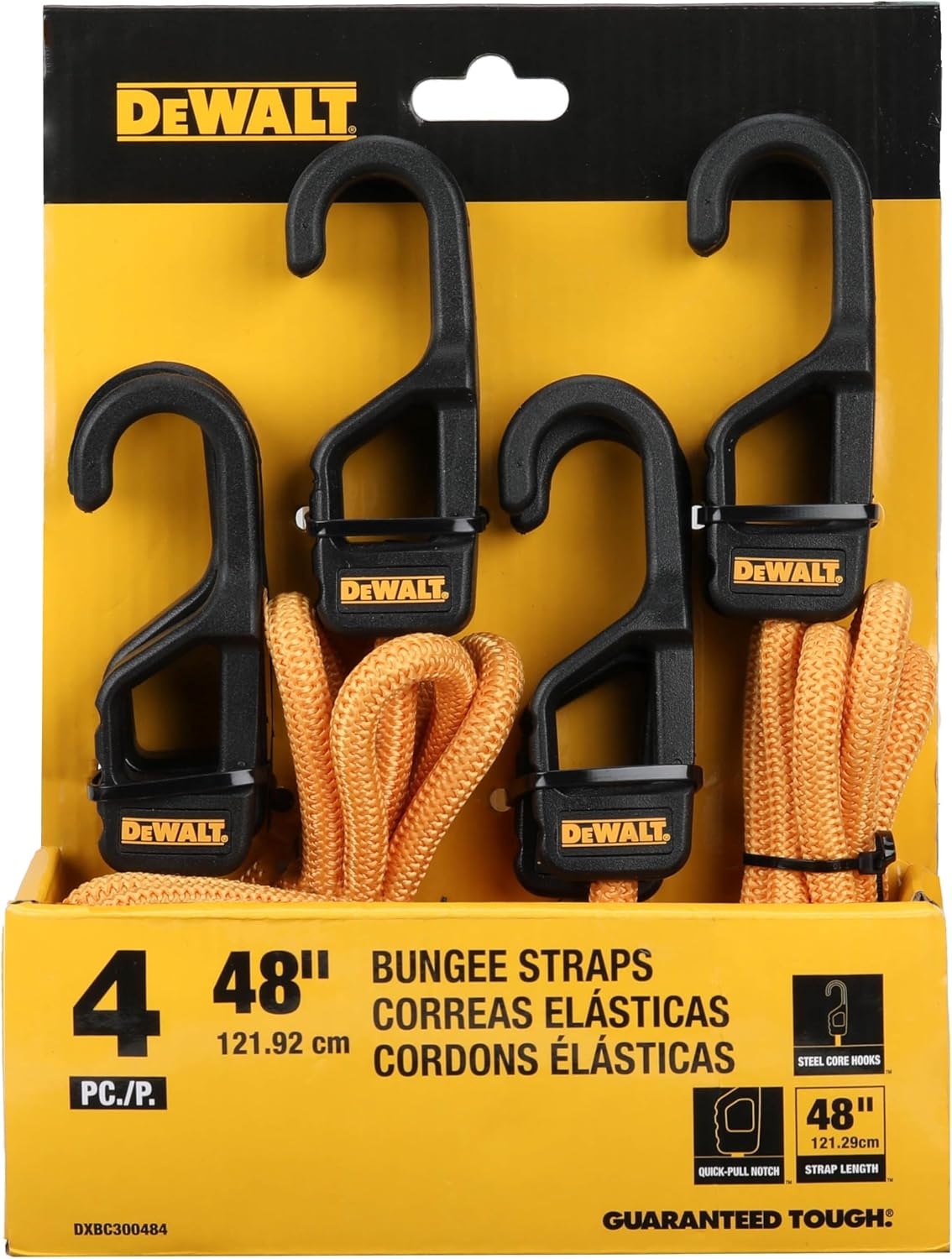 image:imageDEWALT DXBC300484 BlackYellow 48 Premium HeavyDuty Bungee Cords 4 Pack NonScratch SteelCore Hooks with QuickPull Notch amp Interlocking Grip for Stretching amp Securing Lightweight Gear amp Cargo48