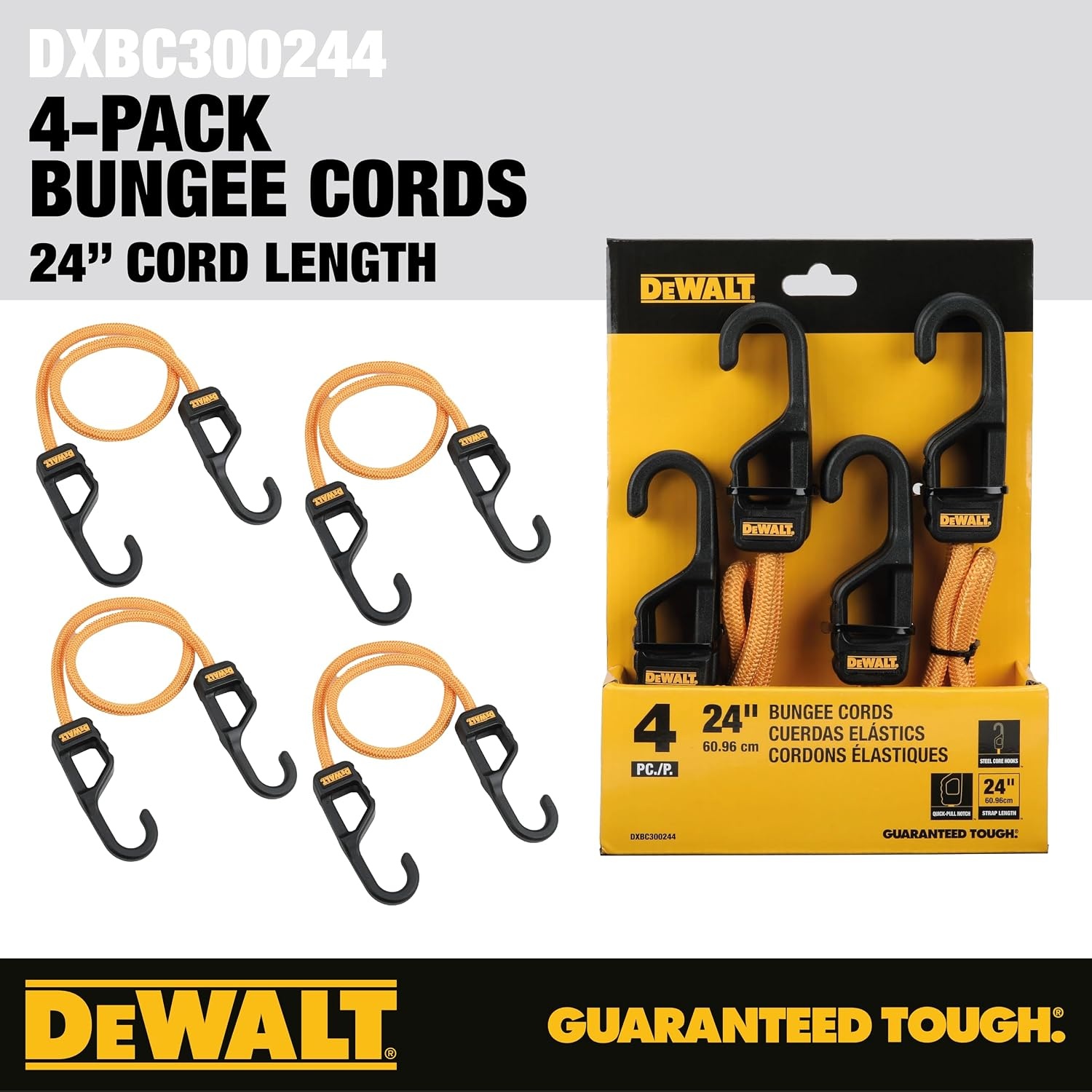 image:imageDEWALT DXBC300484 BlackYellow 48 Premium HeavyDuty Bungee Cords 4 Pack NonScratch SteelCore Hooks with QuickPull Notch amp Interlocking Grip for Stretching amp Securing Lightweight Gear amp Cargo24