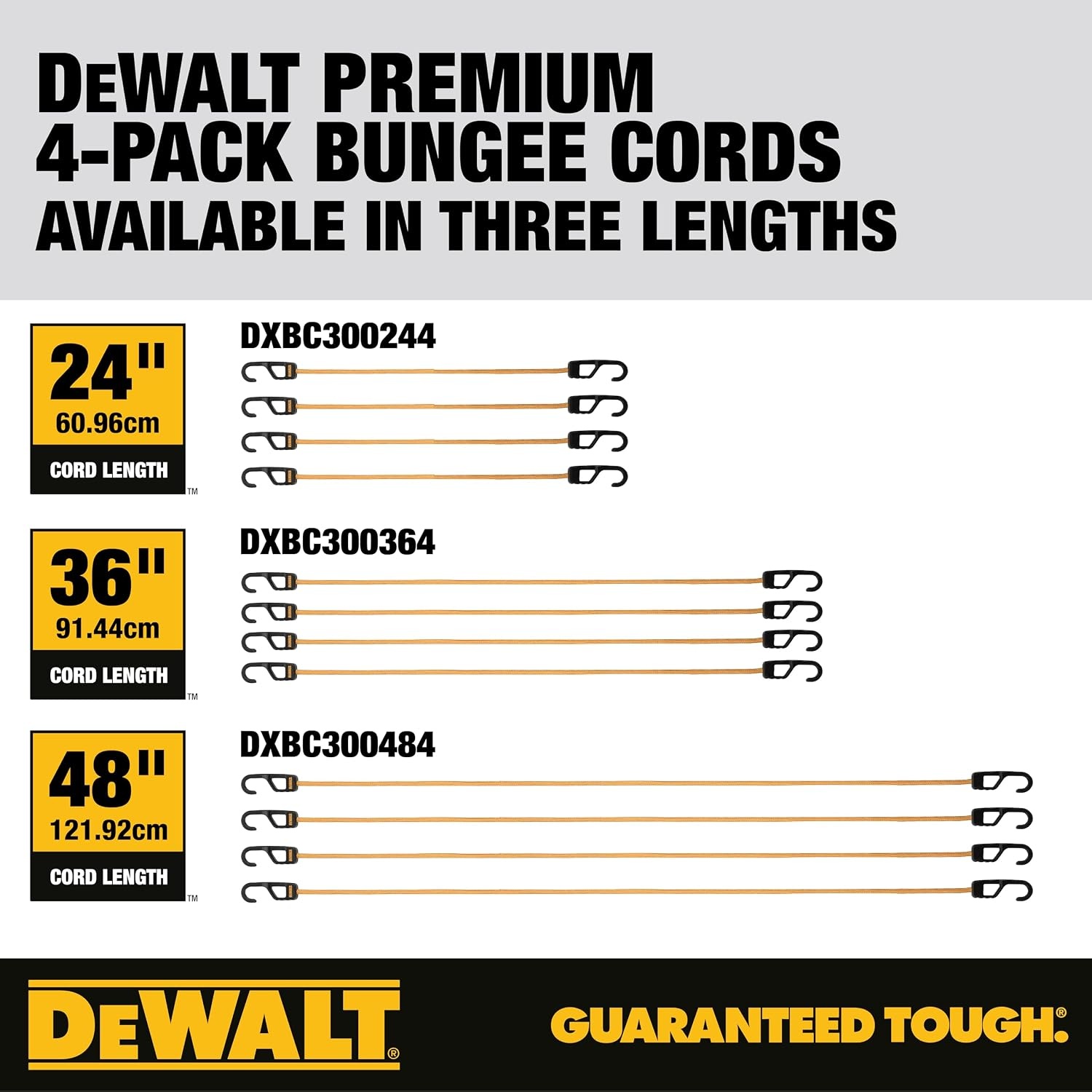 image:imageDEWALT DXBC300484 BlackYellow 48 Premium HeavyDuty Bungee Cords 4 Pack NonScratch SteelCore Hooks with QuickPull Notch amp Interlocking Grip for Stretching amp Securing Lightweight Gear amp Cargo24