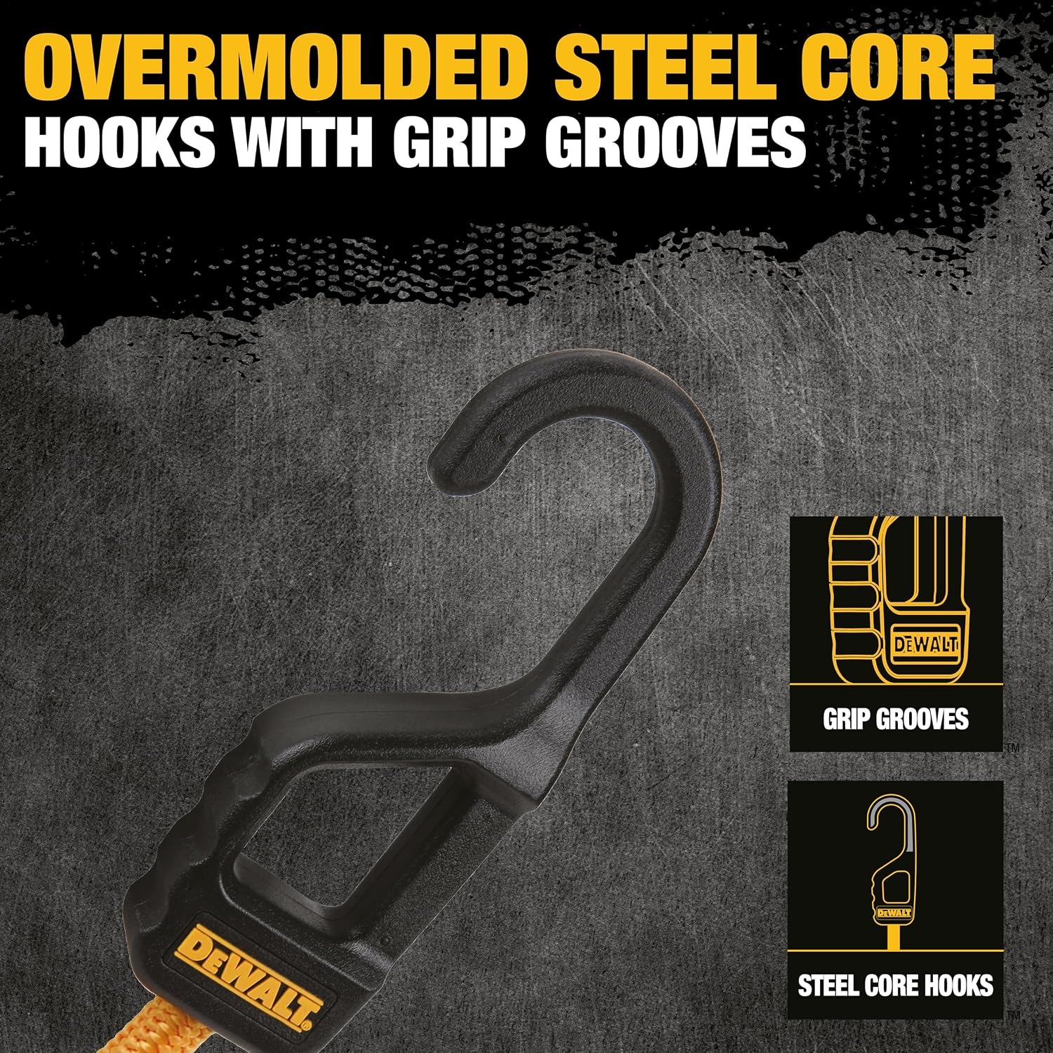 image:imageDEWALT DXBC300484 BlackYellow 48 Premium HeavyDuty Bungee Cords 4 Pack NonScratch SteelCore Hooks with QuickPull Notch amp Interlocking Grip for Stretching amp Securing Lightweight Gear amp Cargo48