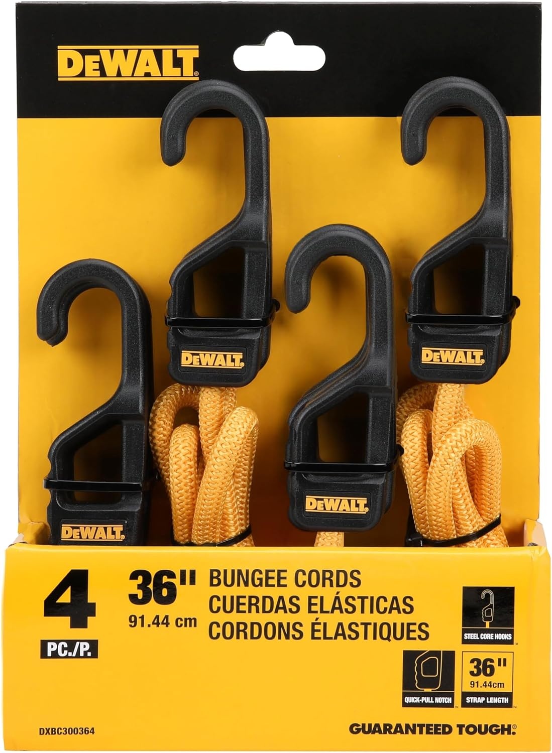 image:imageDEWALT DXBC300484 BlackYellow 48 Premium HeavyDuty Bungee Cords 4 Pack NonScratch SteelCore Hooks with QuickPull Notch amp Interlocking Grip for Stretching amp Securing Lightweight Gear amp Cargo36
