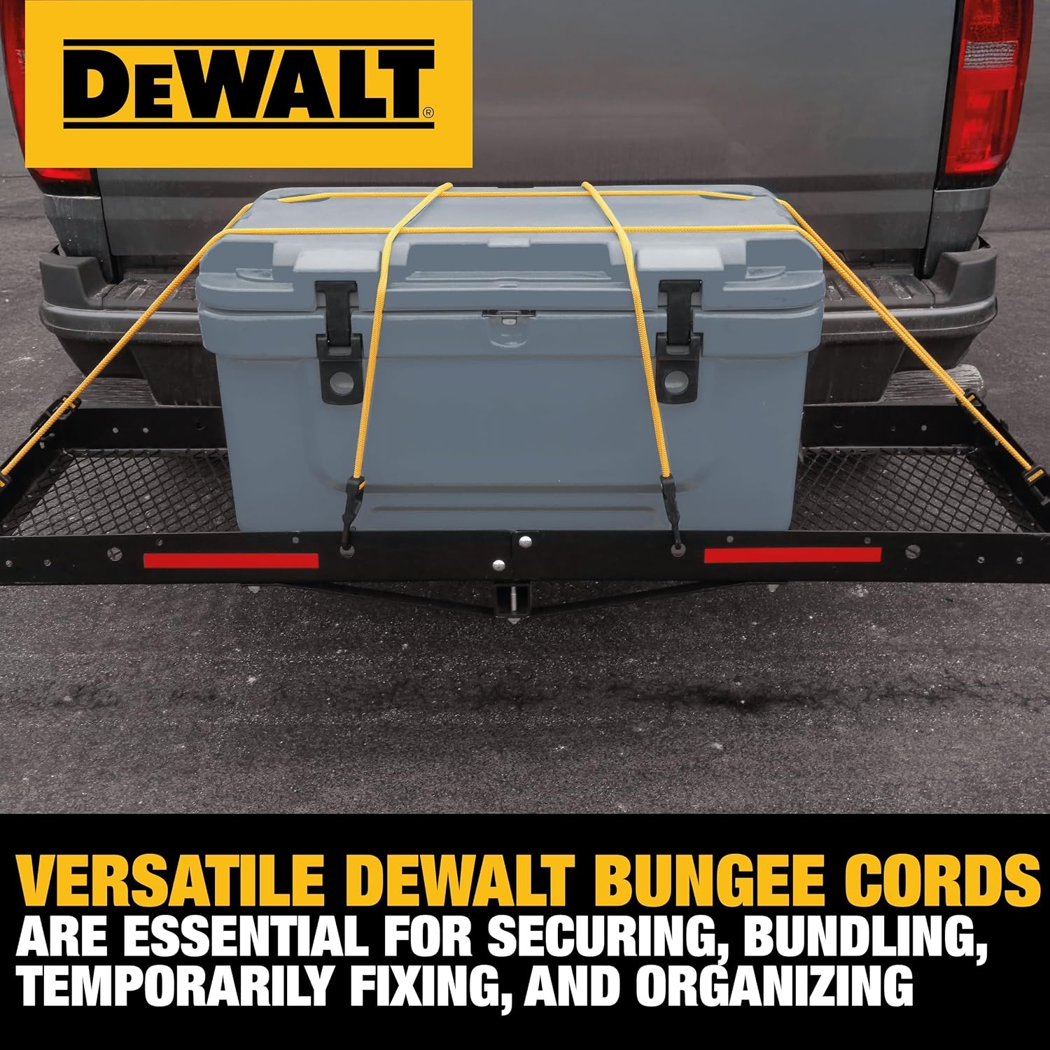 image:imageDEWALT DXBC300484 BlackYellow 48 Premium HeavyDuty Bungee Cords 4 Pack NonScratch SteelCore Hooks with QuickPull Notch amp Interlocking Grip for Stretching amp Securing Lightweight Gear amp Cargo36