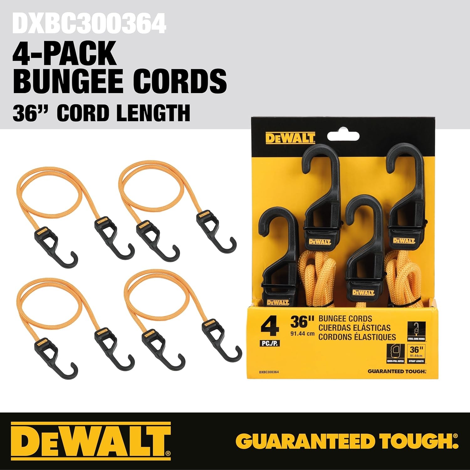 image:imageDEWALT DXBC300484 BlackYellow 48 Premium HeavyDuty Bungee Cords 4 Pack NonScratch SteelCore Hooks with QuickPull Notch amp Interlocking Grip for Stretching amp Securing Lightweight Gear amp Cargo36
