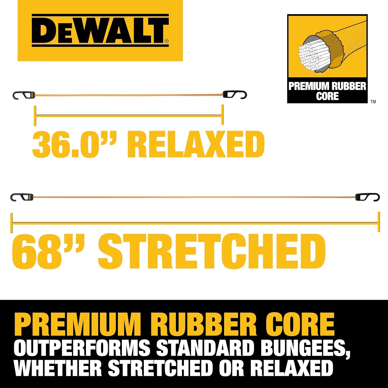 image:imageDEWALT DXBC300484 BlackYellow 48 Premium HeavyDuty Bungee Cords 4 Pack NonScratch SteelCore Hooks with QuickPull Notch amp Interlocking Grip for Stretching amp Securing Lightweight Gear amp Cargo36