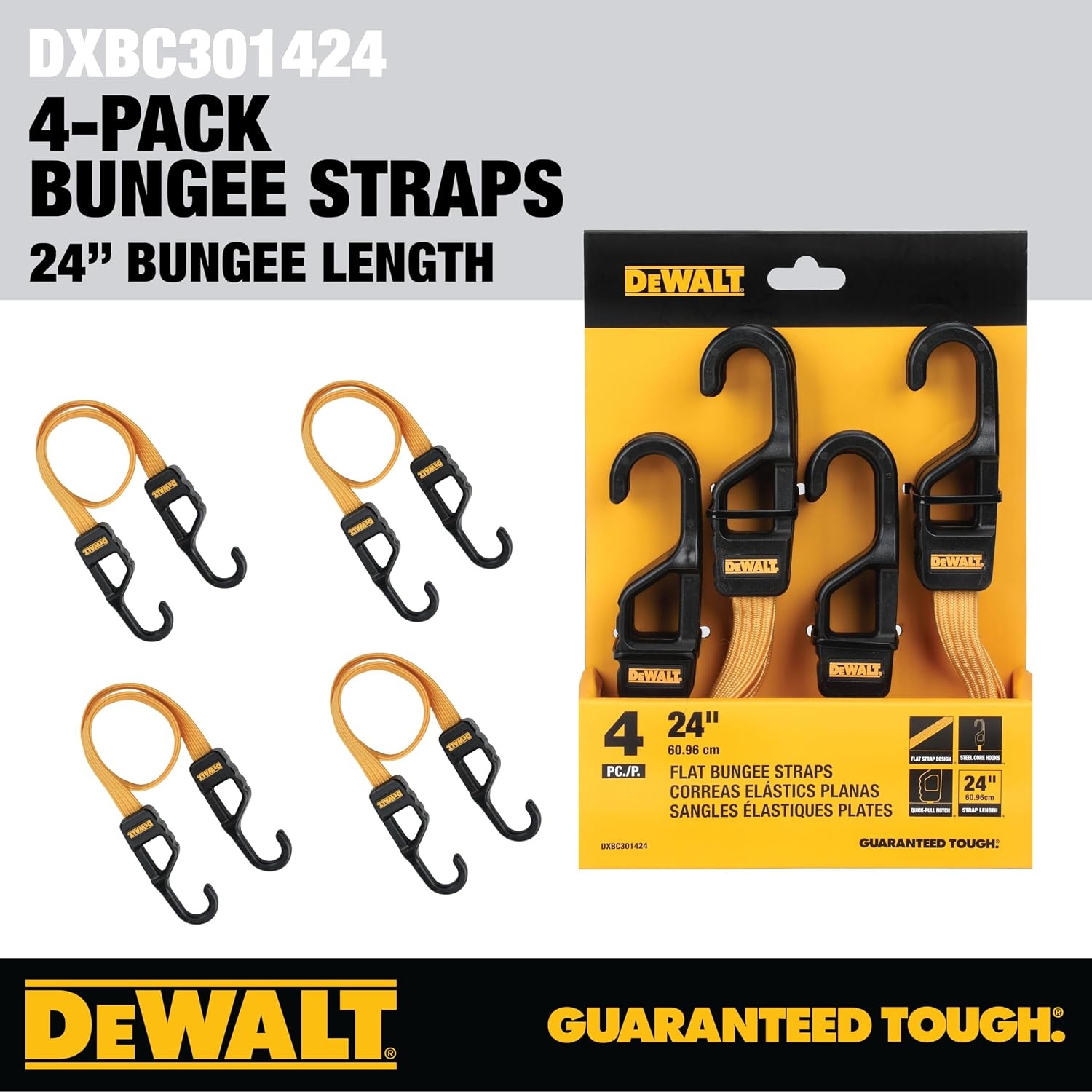 image:imageDEWALT DXBC301424 BlackYellow 24 Premium Flat Bungee Straps 4 Pack