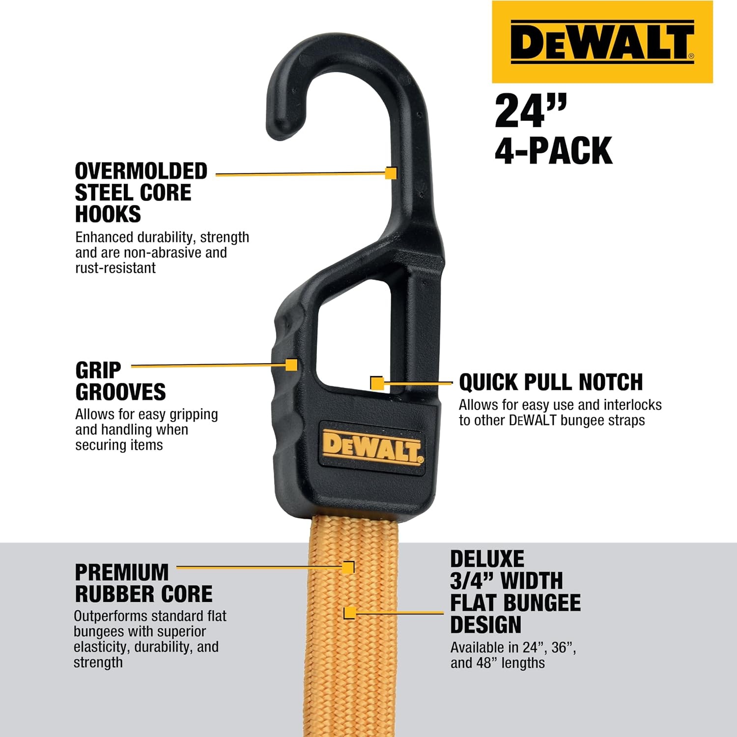 image:imageDEWALT DXBC301424 BlackYellow 24 Premium Flat Bungee Straps 4 Pack