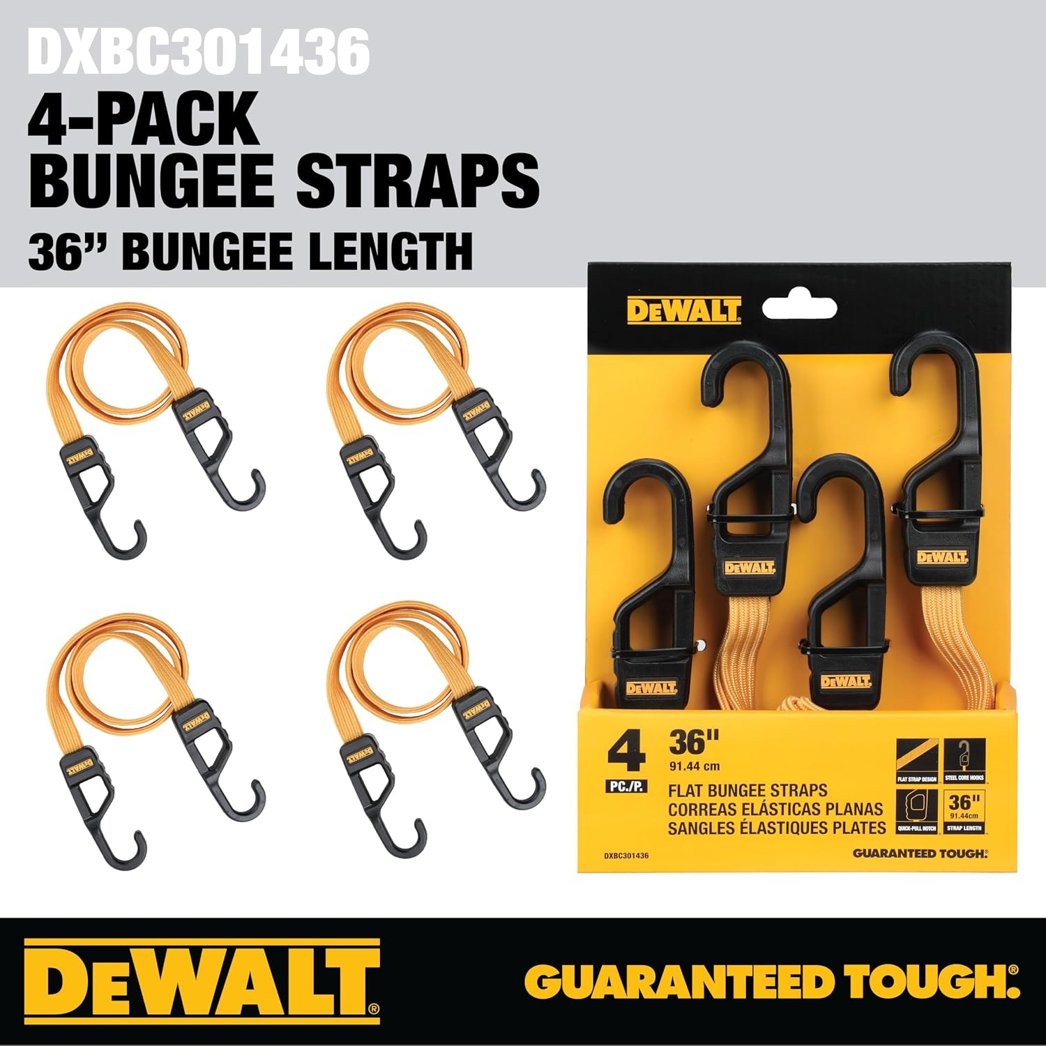 image:imageDEWALT DXBC301436 BlackYellow 36 Premium Flat Bungee Straps 4 Pack