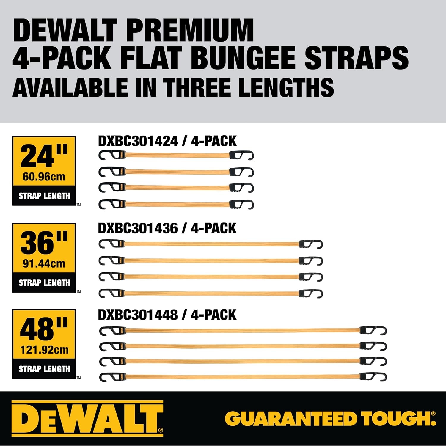 image:imageDEWALT DXBC301448 BlackYellow 48 Premium Flat Bungee Straps 4 Pack