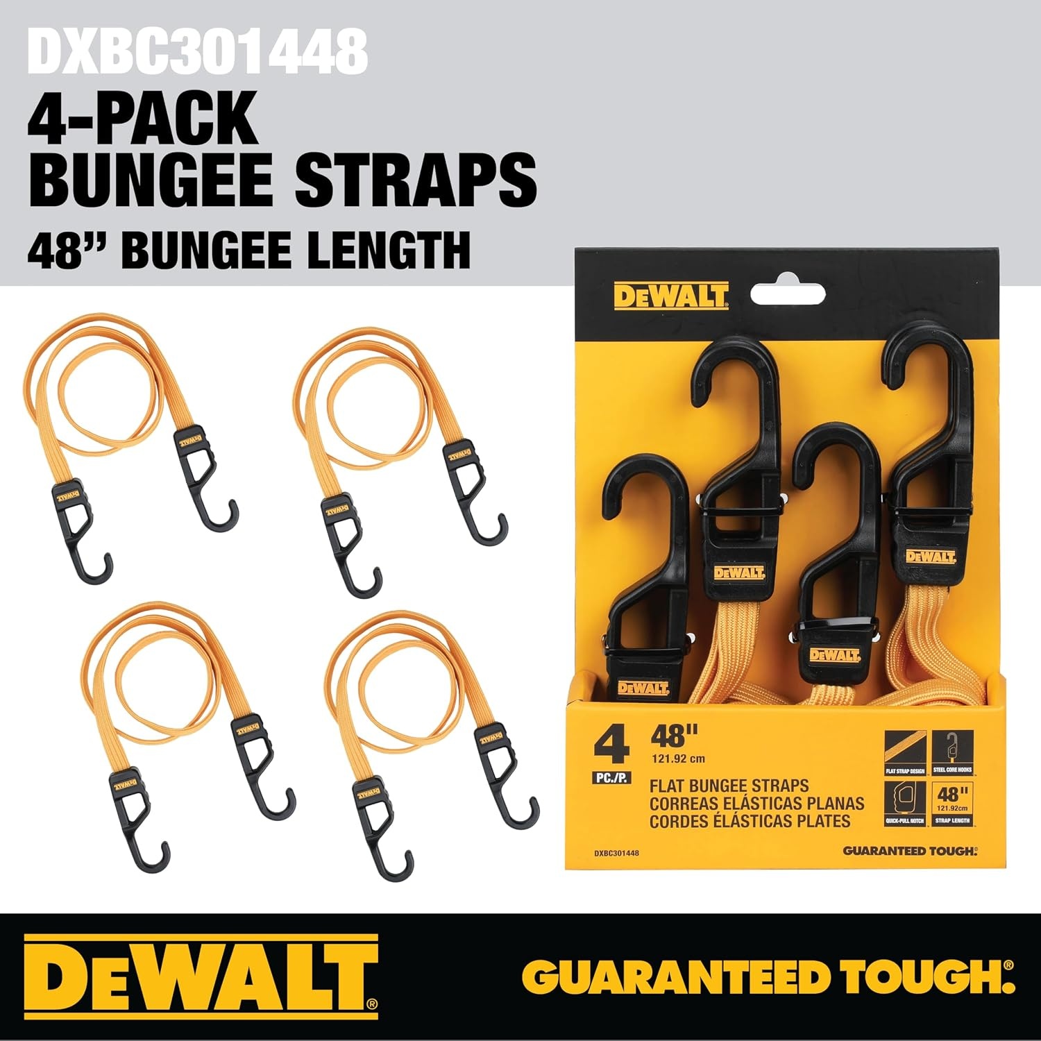 image:imageDEWALT DXBC301448 BlackYellow 48 Premium Flat Bungee Straps 4 Pack