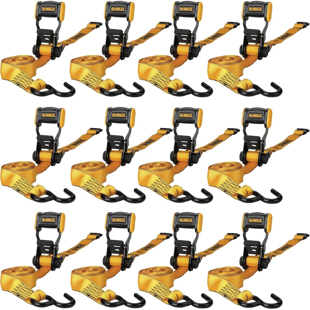 image:imageDEWALT 15165000 lbs HeavyDuty Ratchet Straps 2Pack Ergonomic Open Grip Handles Armored Side Caps WearWeatherResistant Straps Coated Double JHooksSecure Heavyweight Cargo12 Pack