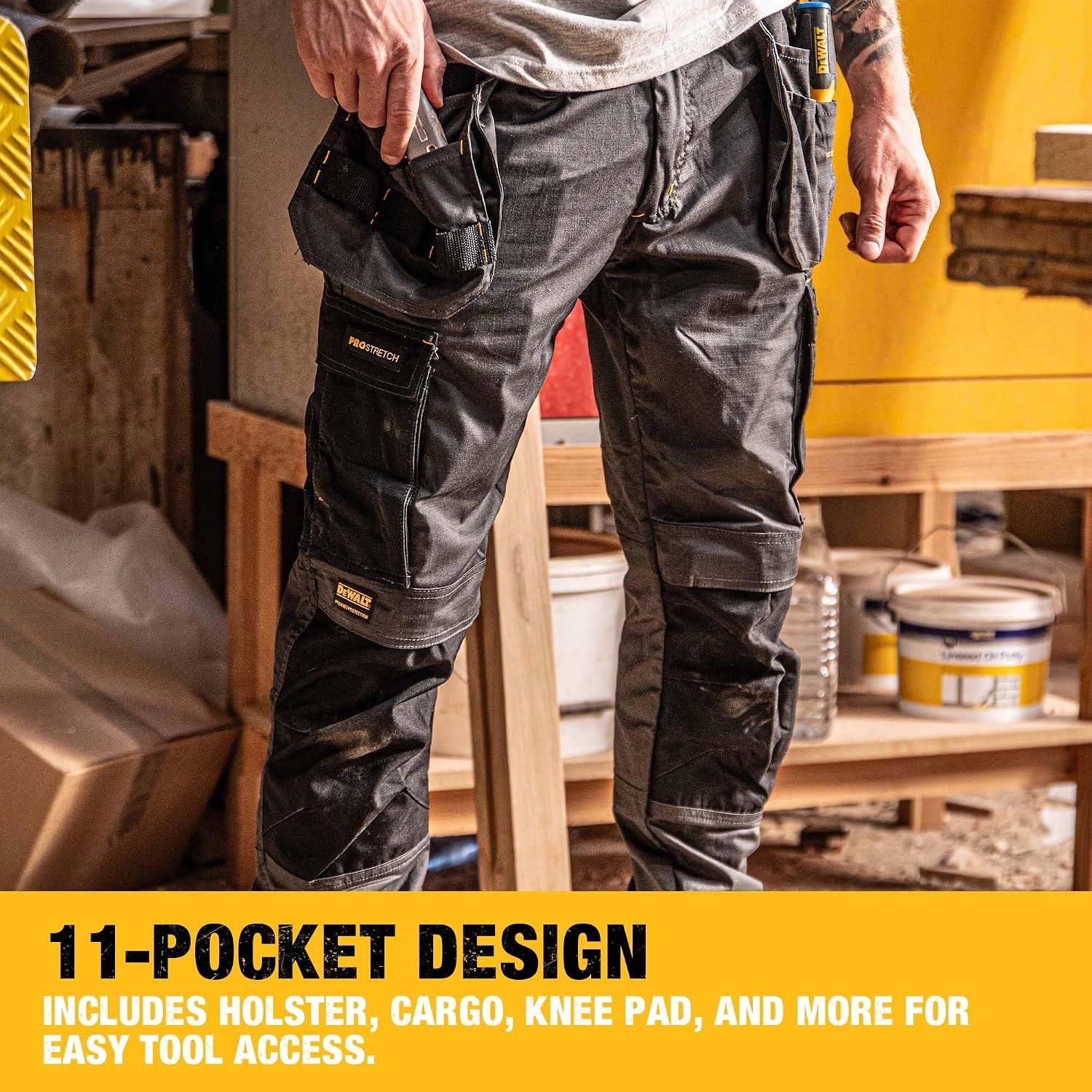 image:imageDEWALT Barstow Mens ProStretch Water Resistant Slim Fit Holster Pocket Utility Work PantsGreyBlack