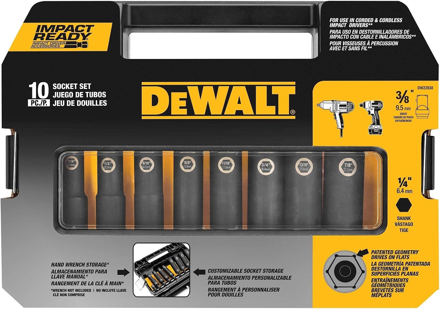 image:imageDEWALT Impact Socket Set SAE 38Inch 10Piece DW22838Multi