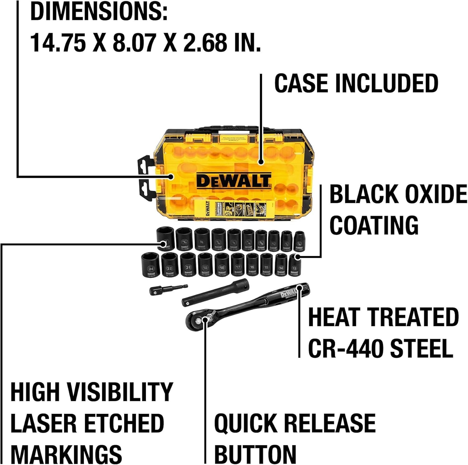 image:imageDEWALT Impact Socket Set with Ratchet MetricSAE 12 Drive 23Piece Set with Case DWMT74739