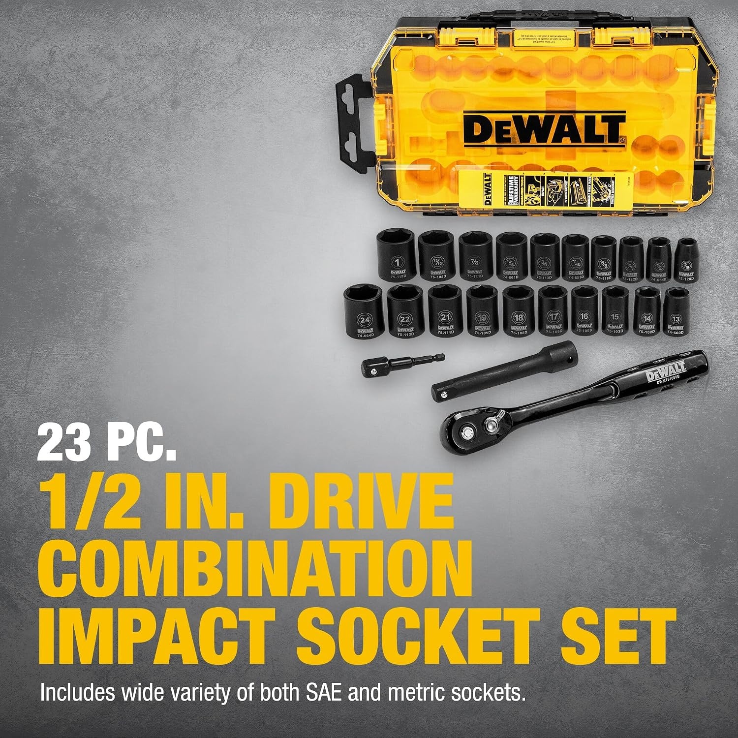 image:imageDEWALT Impact Socket Set with Ratchet MetricSAE 12 Drive 23Piece Set with Case DWMT74739
