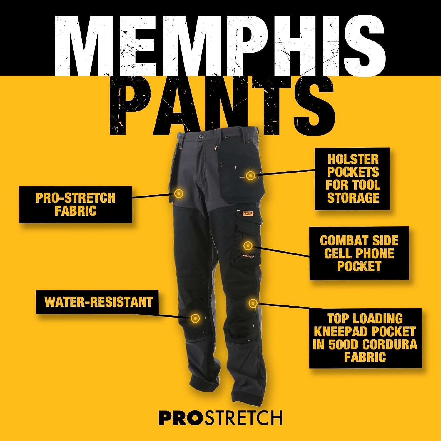 image:imageDEWALT Memphis Mens ProStretch Regular Fit Holster Pocket Utility Cargo Work PantsGreyBlack