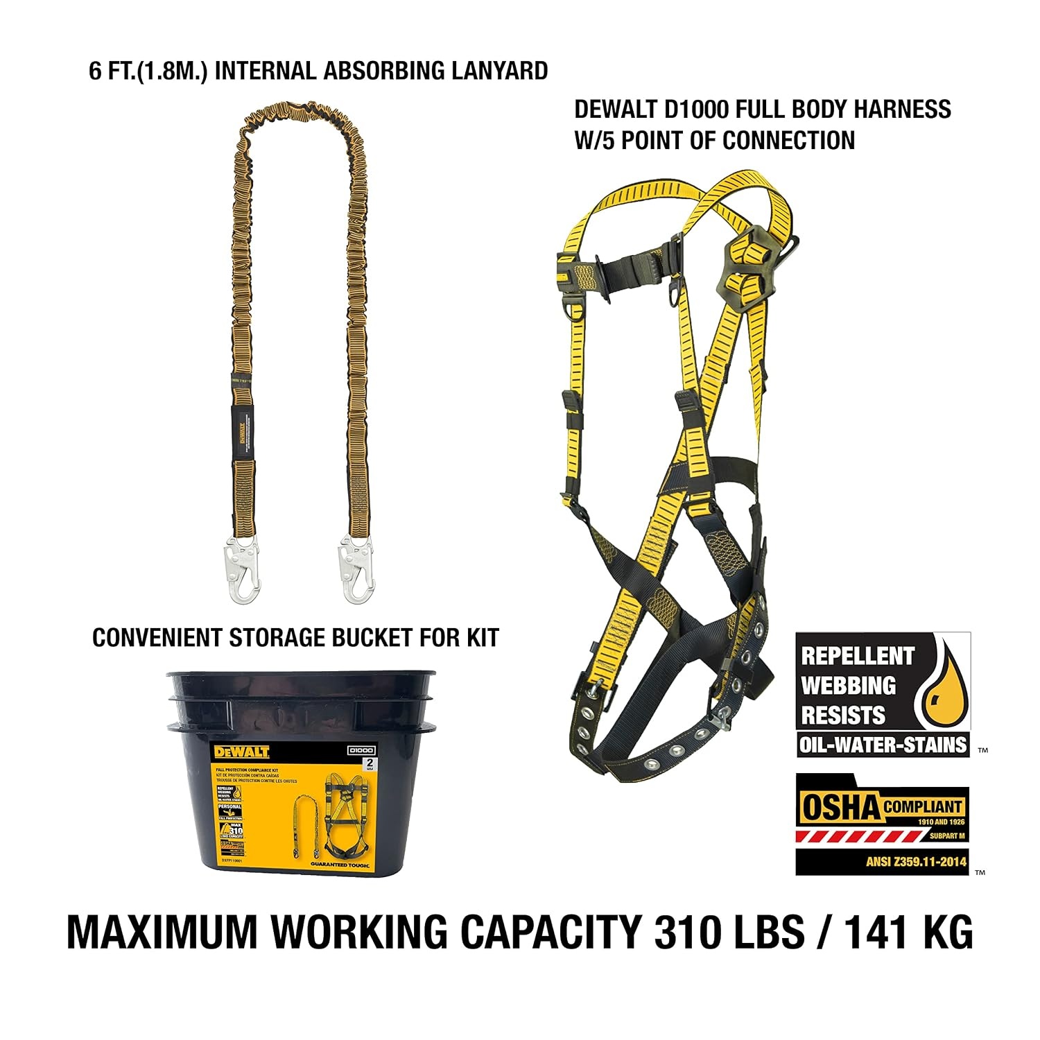 image:imageDEWALT Rooftop safety kit with D1000 harness with PassThru Chest and Tongue Buckle Legs 50 vertical lifeline wrope adjustor and reusable rooftop anchorOne Size