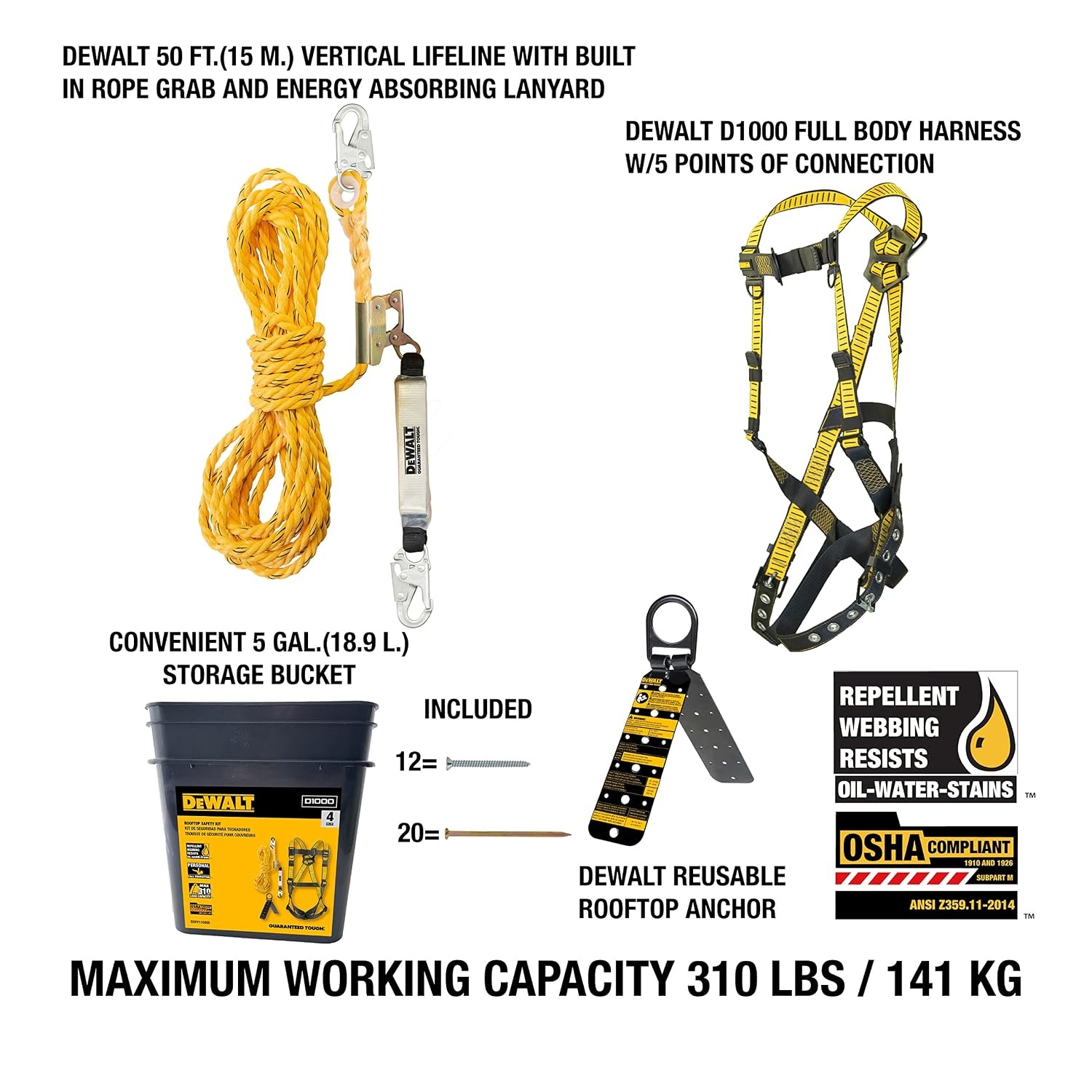 image:imageDEWALT Rooftop safety kit with D1000 harness with PassThru Chest and Tongue Buckle Legs 50 vertical lifeline wrope adjustor and reusable rooftop anchorOne Size