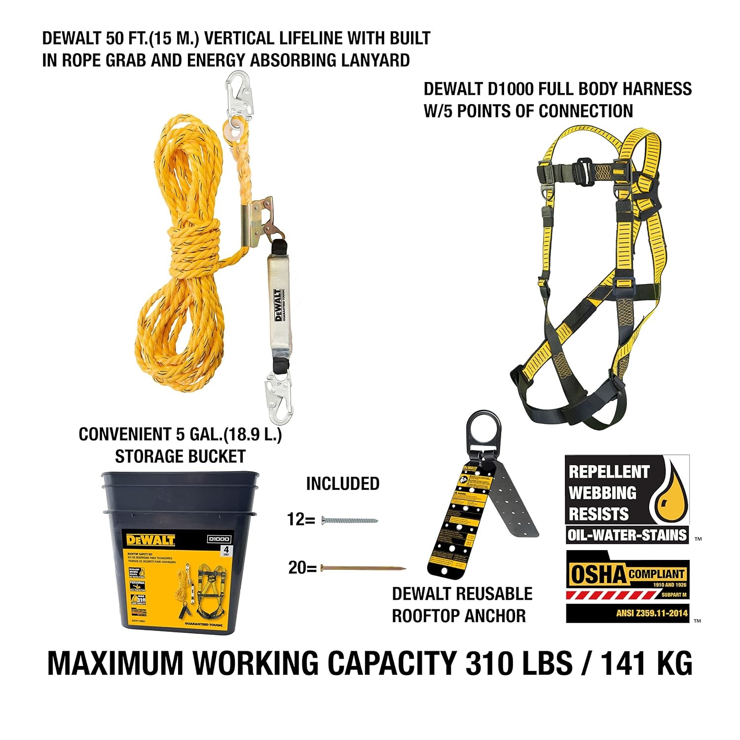 image:imageDEWALT Rooftop safety kit with D1000 harness with PassThru Chest and Tongue Buckle Legs 50 vertical lifeline wrope adjustor and reusable rooftop anchorOne Size