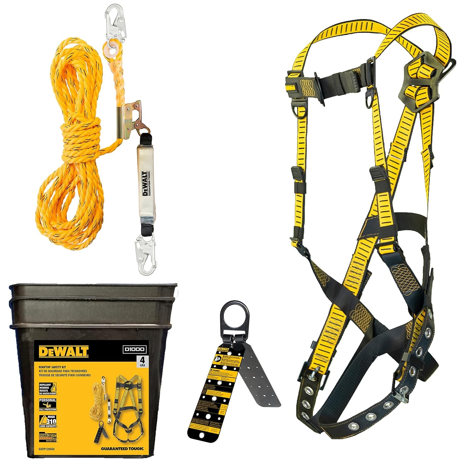 image:imageDEWALT Rooftop safety kit with D1000 harness with PassThru Chest and Tongue Buckle Legs 50 vertical lifeline wrope adjustor and reusable rooftop anchorOne Size
