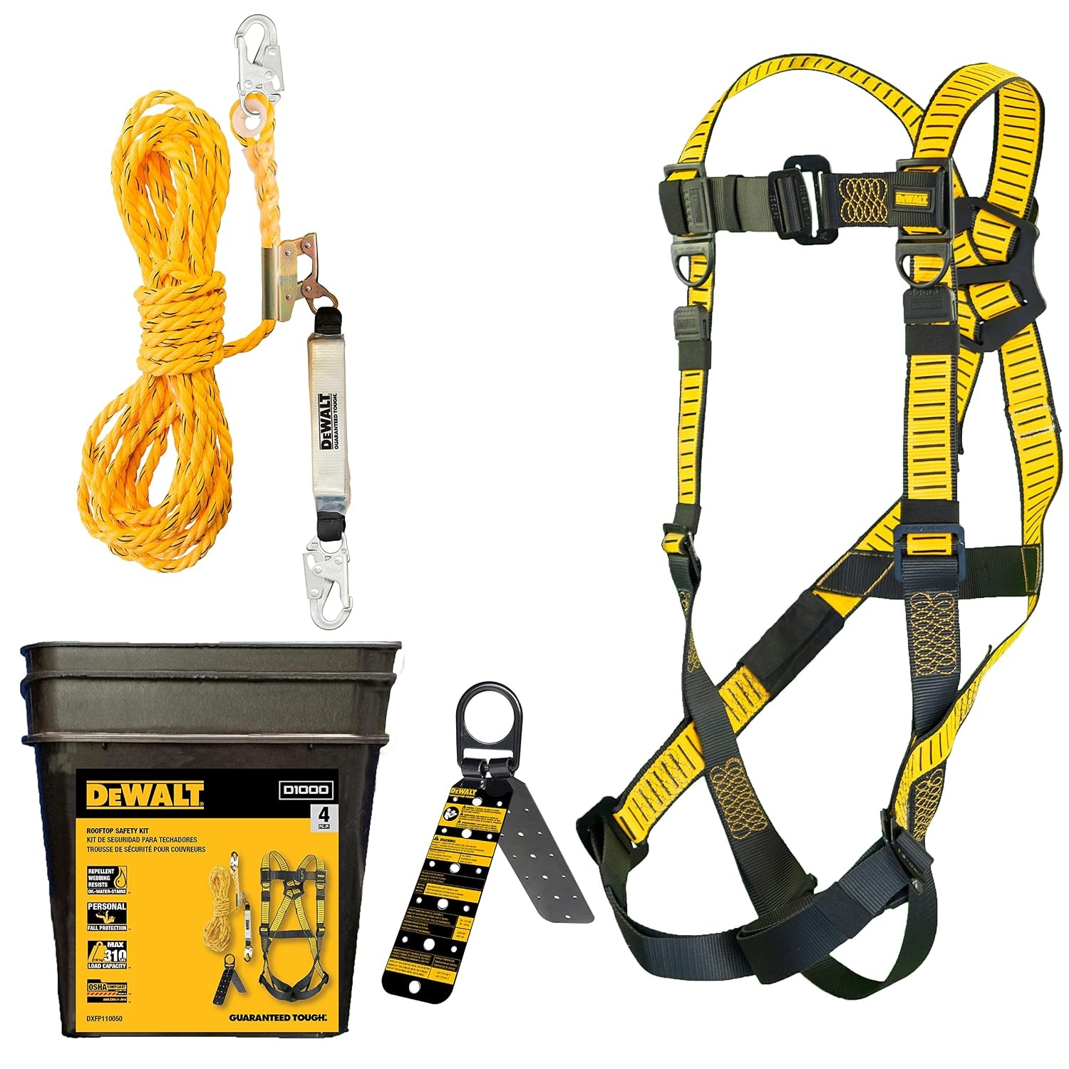 image:imageDEWALT Rooftop safety kit with D1000 harness with PassThru Chest and Tongue Buckle Legs 50 vertical lifeline wrope adjustor and reusable rooftop anchorOne Size