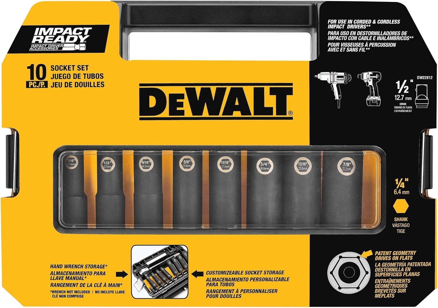 image:imageDeWalt Impact Socket Set 12 Drive 10 Piece 14 to 12 Impact Socket Adapter Set DW22812One Size