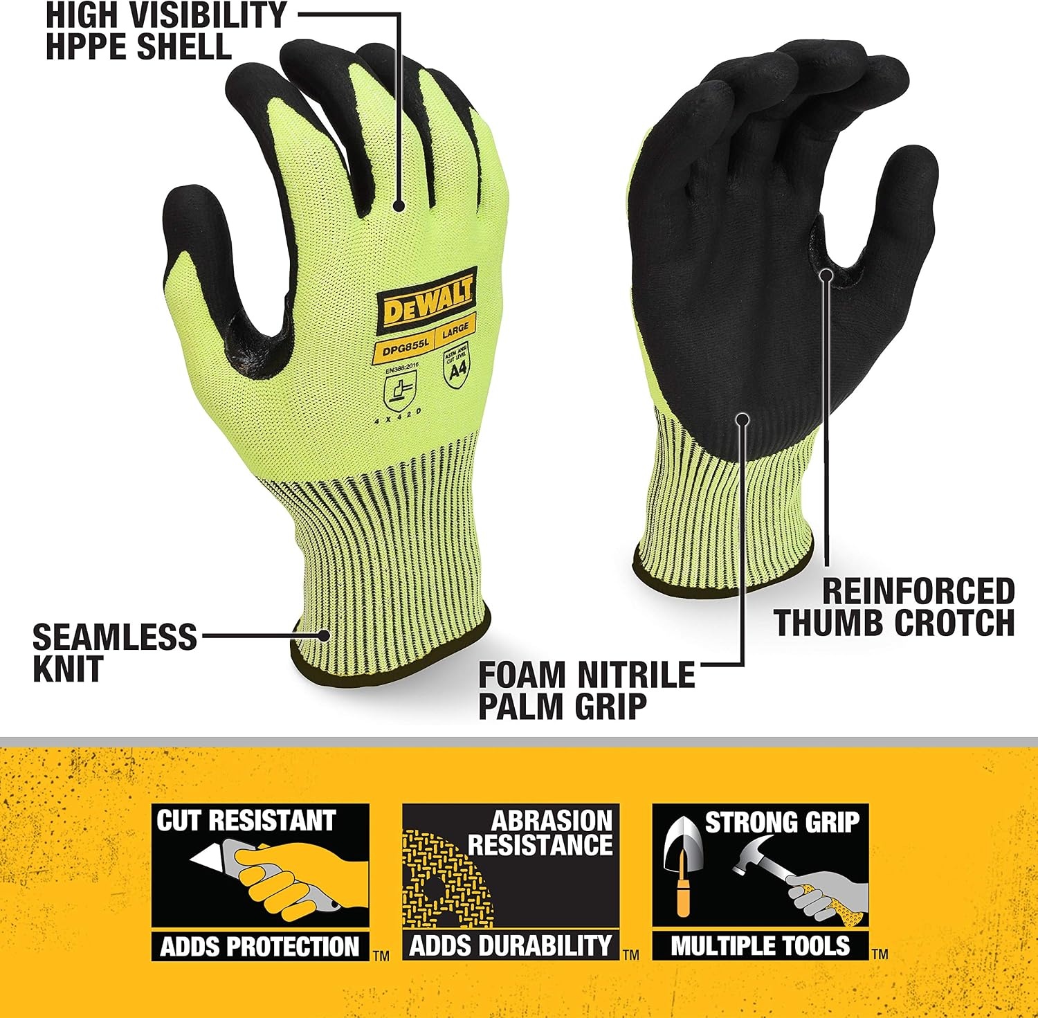 image:imageDewalt DPG855 HiVis HPPE Fiberglass Cut Glove LXLarge