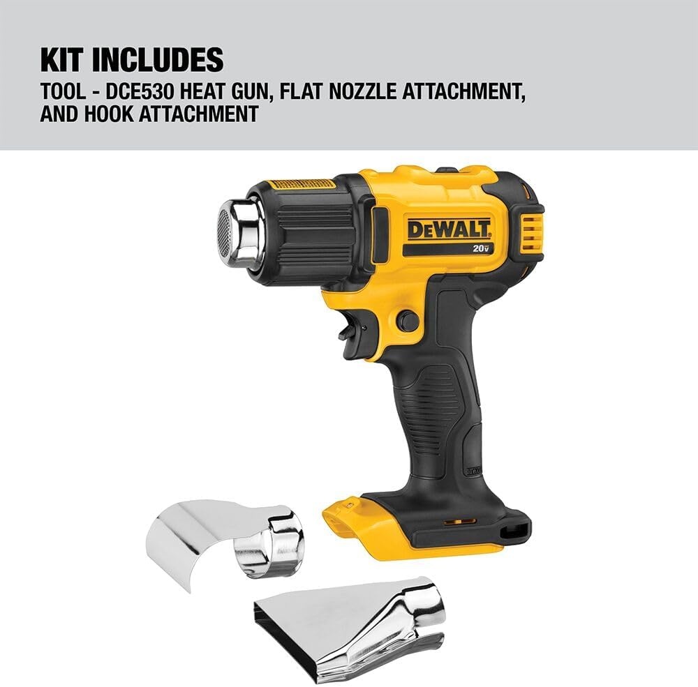 image:imageDEWALT 20V MAX Heat Gun Cordless Up to 990 Degrees 42 Minutes of Run Time LED Light Heatgun with Flat and Hook Nozzle AttachmentsTool Only DCE530BHeat Gun