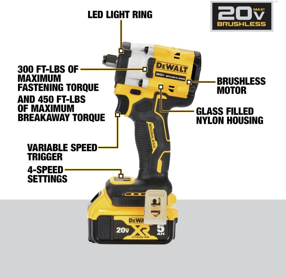 image:imageDEWALT DCF921P2 ATOMIC 20V MAX 12 in Cordless Impact Wrench with Hog Ring Anvil Kit 300 FtLbs Fastening450 FtLbs Breakaway 4 Speeds Kit DCF921 DCB115 2 DCB205 5ah