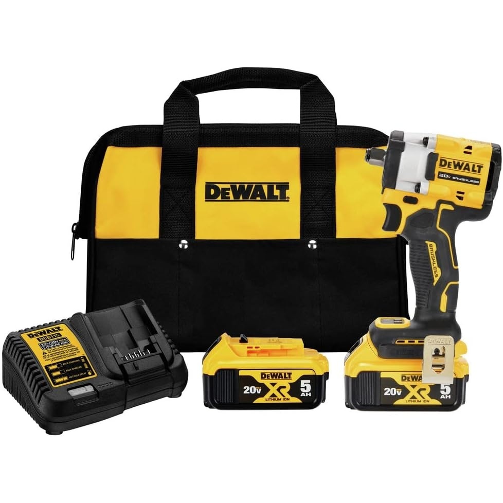 image:imageDEWALT DCF921P2 ATOMIC 20V MAX 12 in Cordless Impact Wrench with Hog Ring Anvil Kit 300 FtLbs Fastening450 FtLbs Breakaway 4 Speeds Kit DCF921 DCB115 2 DCB205 5ah