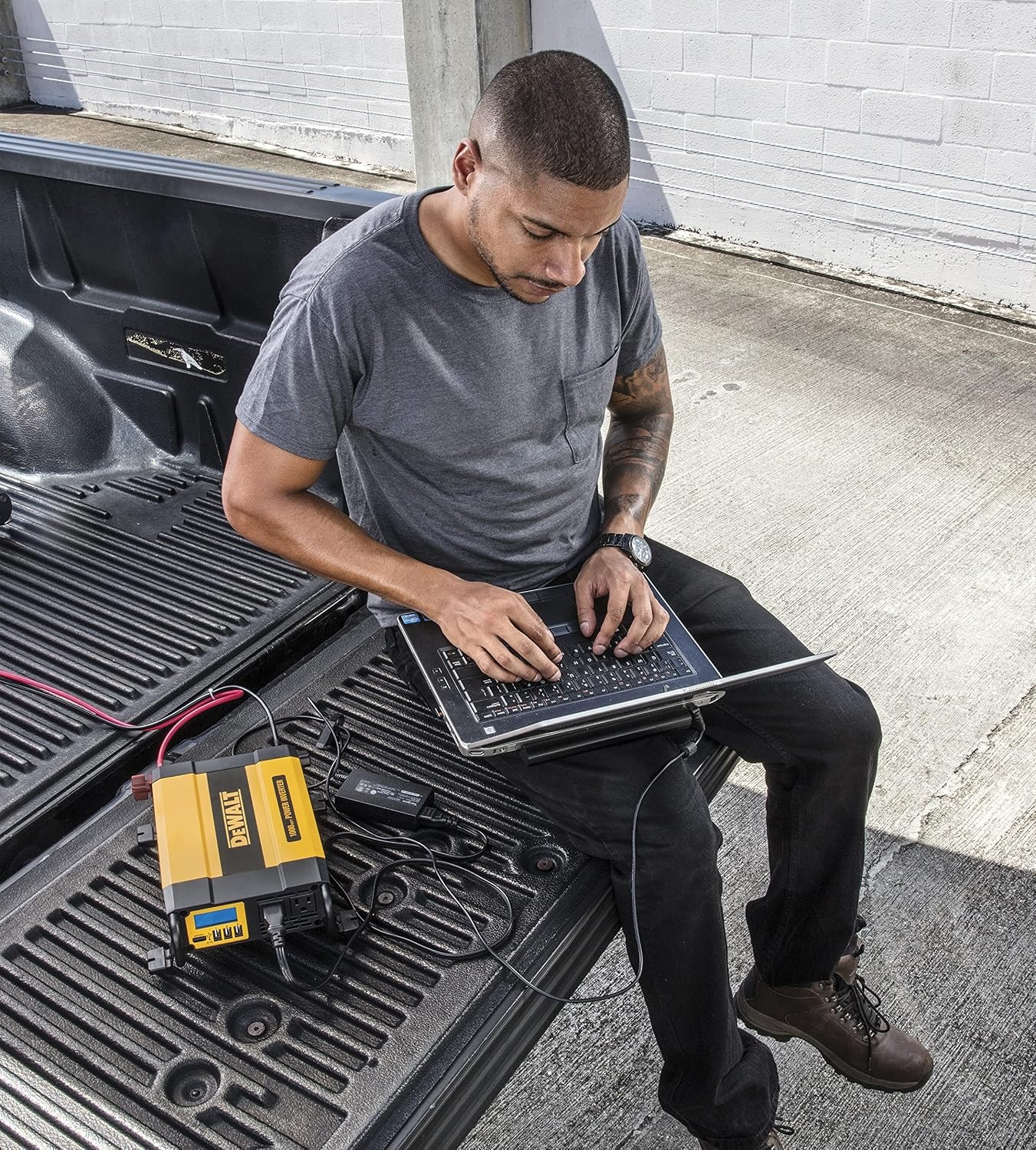 image:imageDEWALT DXAEPI1000 Power Inverter 1000W Car Converter with LCD Display Dual 120V AC Outlets 31A USB Ports 12V DC Adapter Battery Clamps1000 Watt