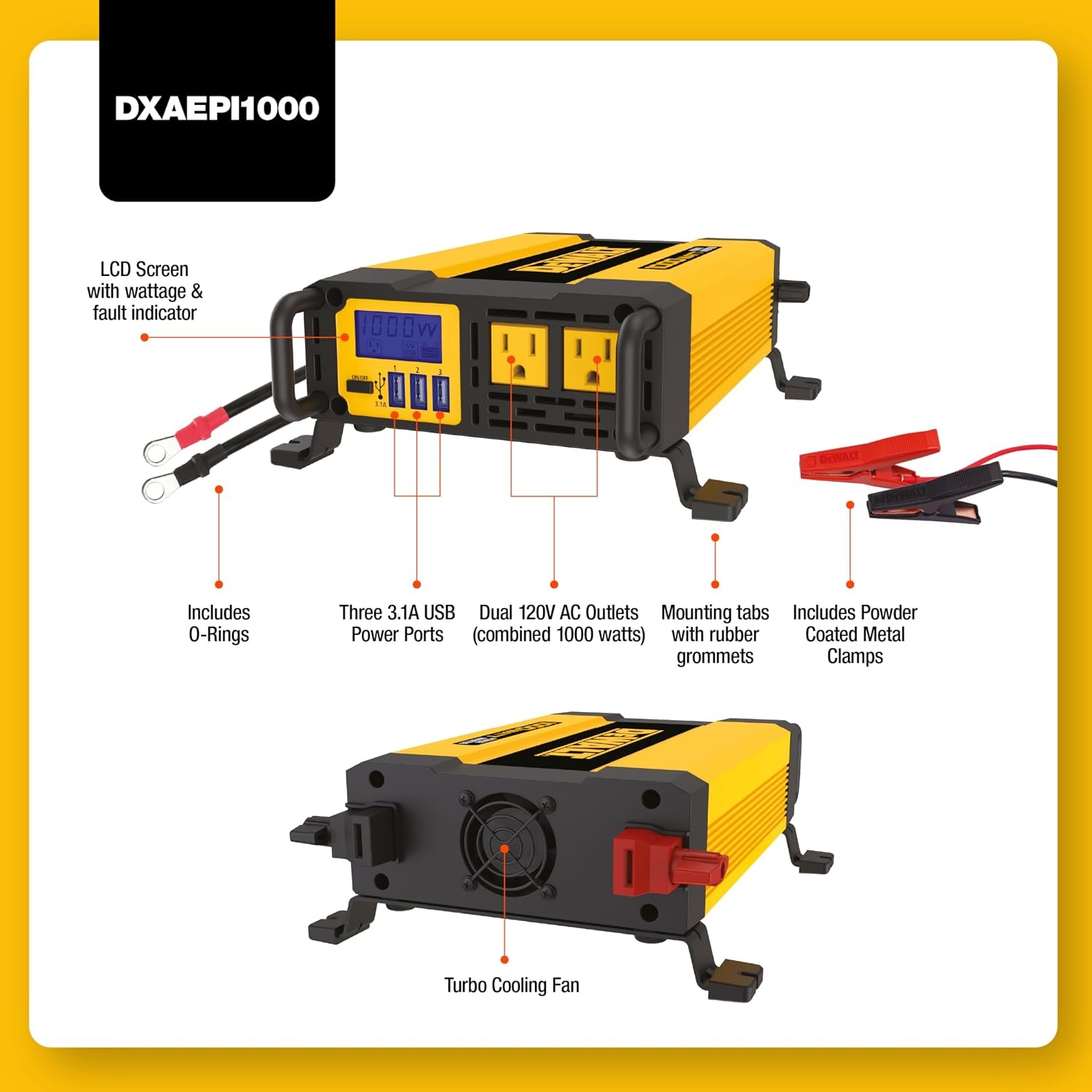 image:imageDEWALT DXAEPI1000 Power Inverter 1000W Car Converter with LCD Display Dual 120V AC Outlets 31A USB Ports 12V DC Adapter Battery Clamps1000 Watt