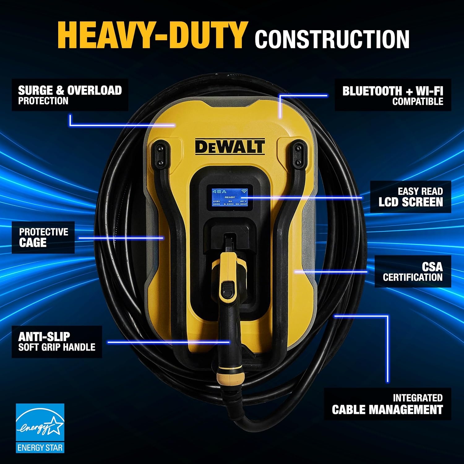 image:imageDEWALT Electric Vehicle Level 2 EV Charger up to 48 Amps 240V App Control Bluetooth amp WiFi CSA Certified IndoorOutdoor Hardwired Wall Mounted Charging Station with 25 ft Cable