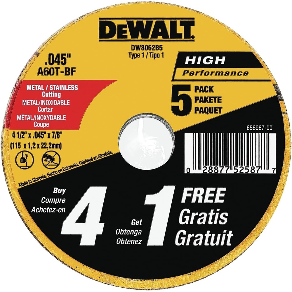 image:imageDEWALT 4 12 Cut Off Wheel Angle Grinder Cutting Disc 5 Pack Aluminum Oxide Abrasive Chop with 78 Arbor for Metal Cutting Grinding Wheels 4 12 in x 045 in DW8062B5