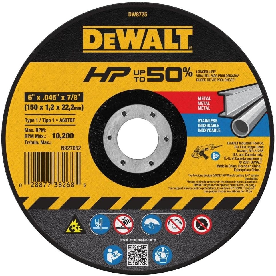 image:imageDEWALT Cutting Wheel 6 in x 040 in x 78 in Abrasive Blade A60 Medium Grit DW8725One Size