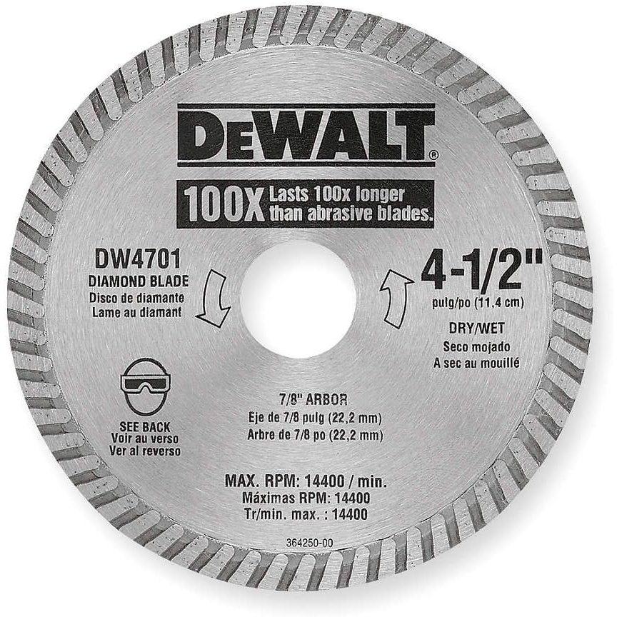 image:imageDEWALT Diamond Blade Dry or Wet Cutting Continuous Rim 78Inch Arbor 412Inch DW4701